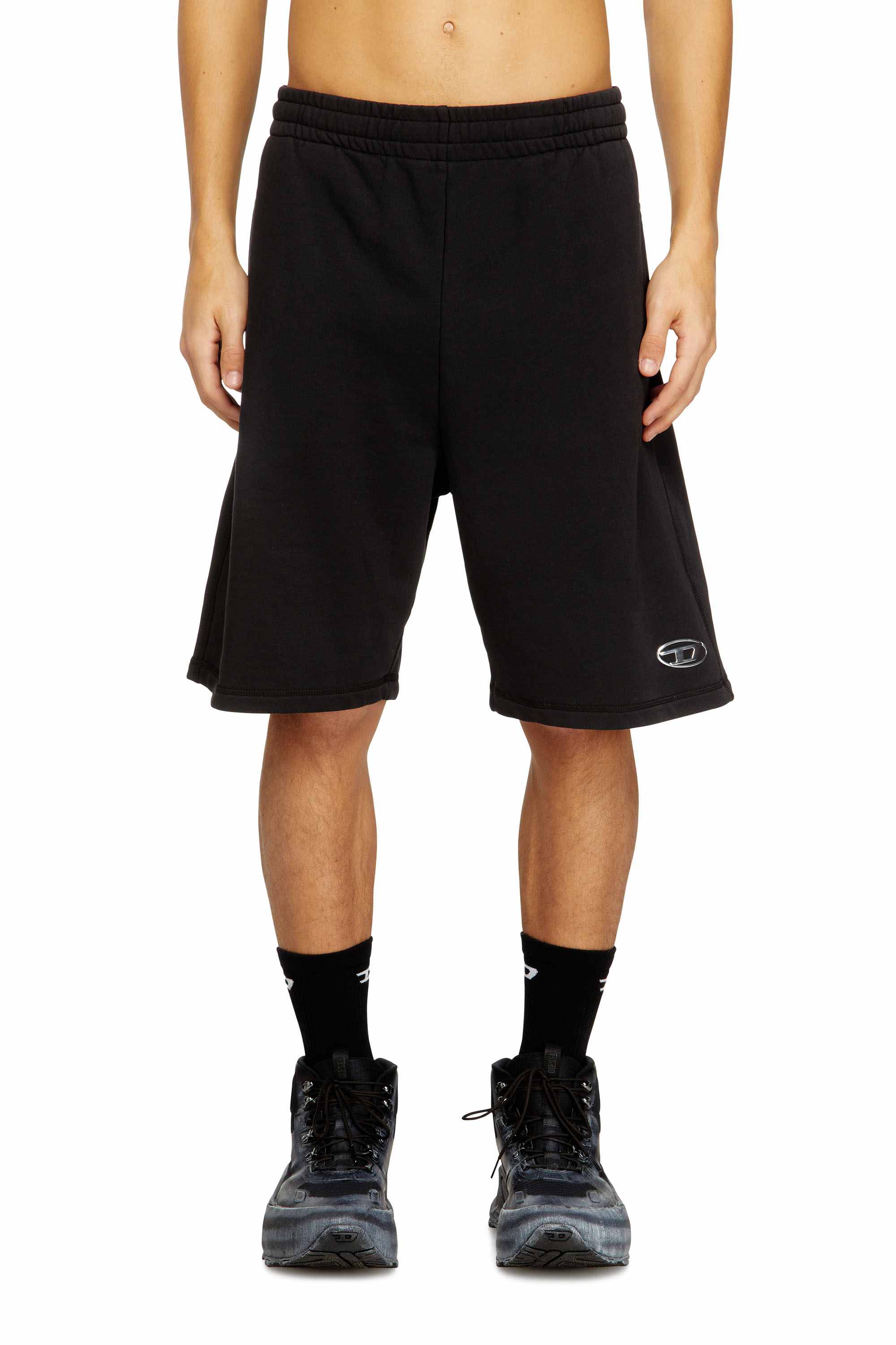 Black Regular Fit Fleece shorts with metallic Oval D