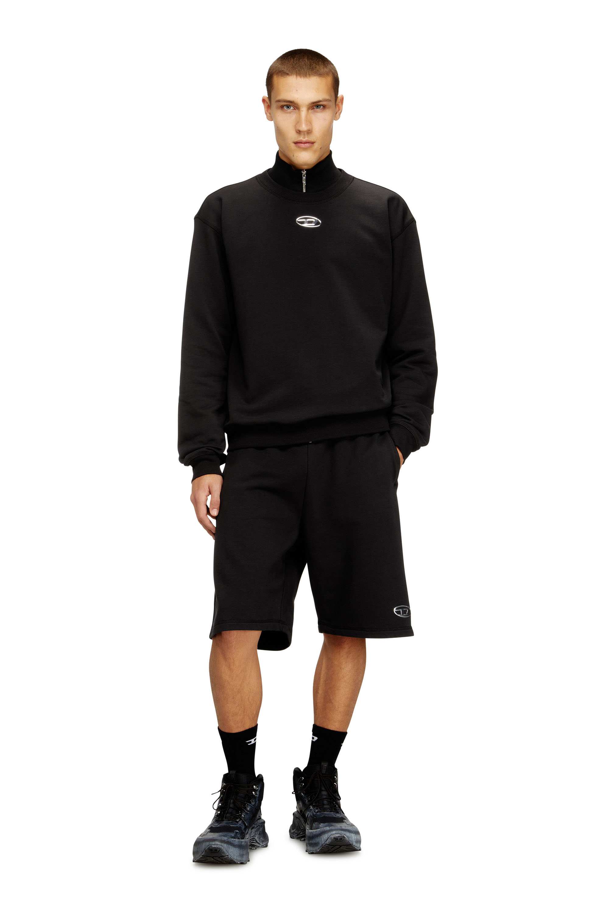Black Regular Fit Fleece shorts with metallic Oval D