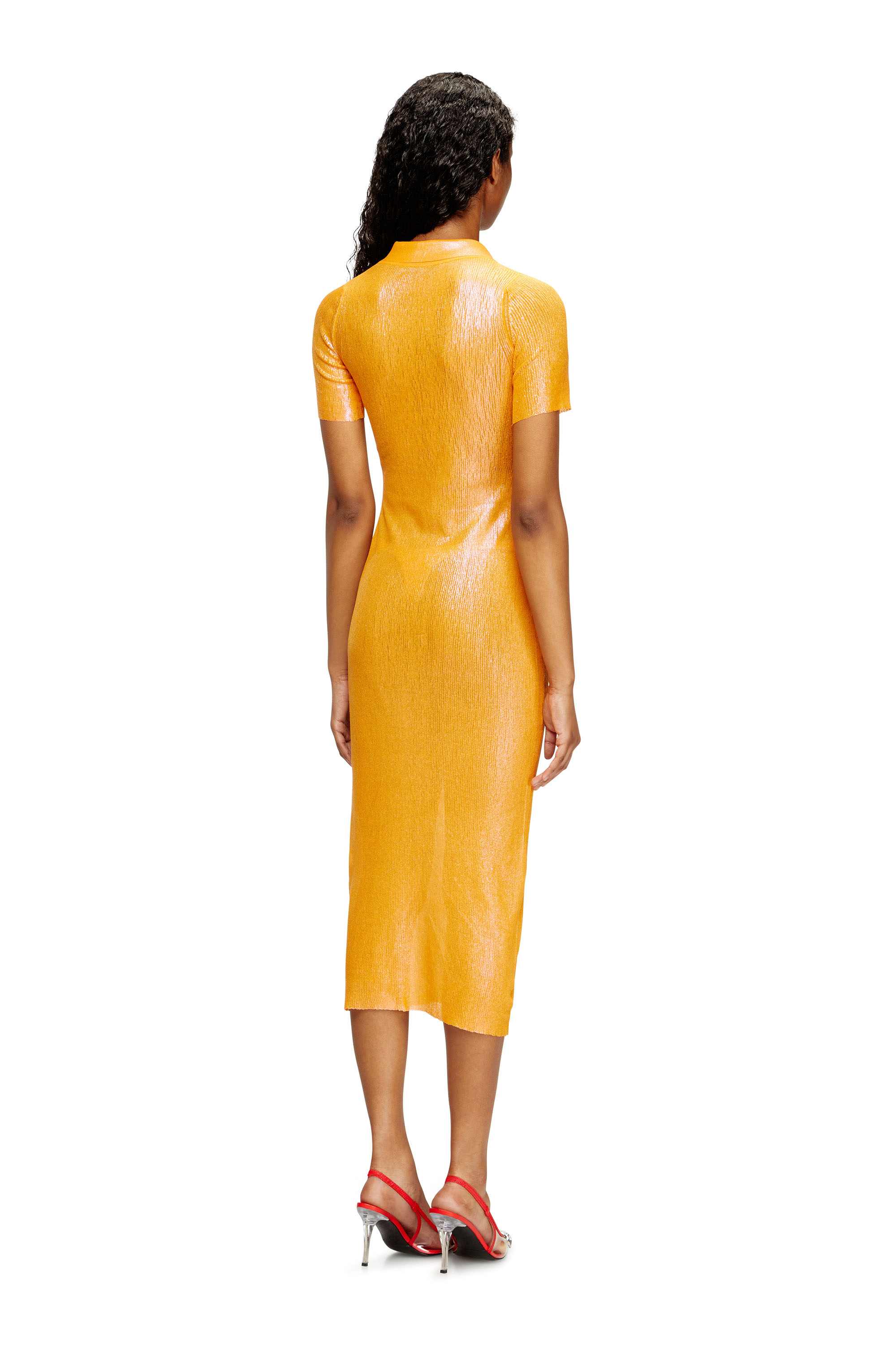 Orange Iridescent knit polo dress with lotus print