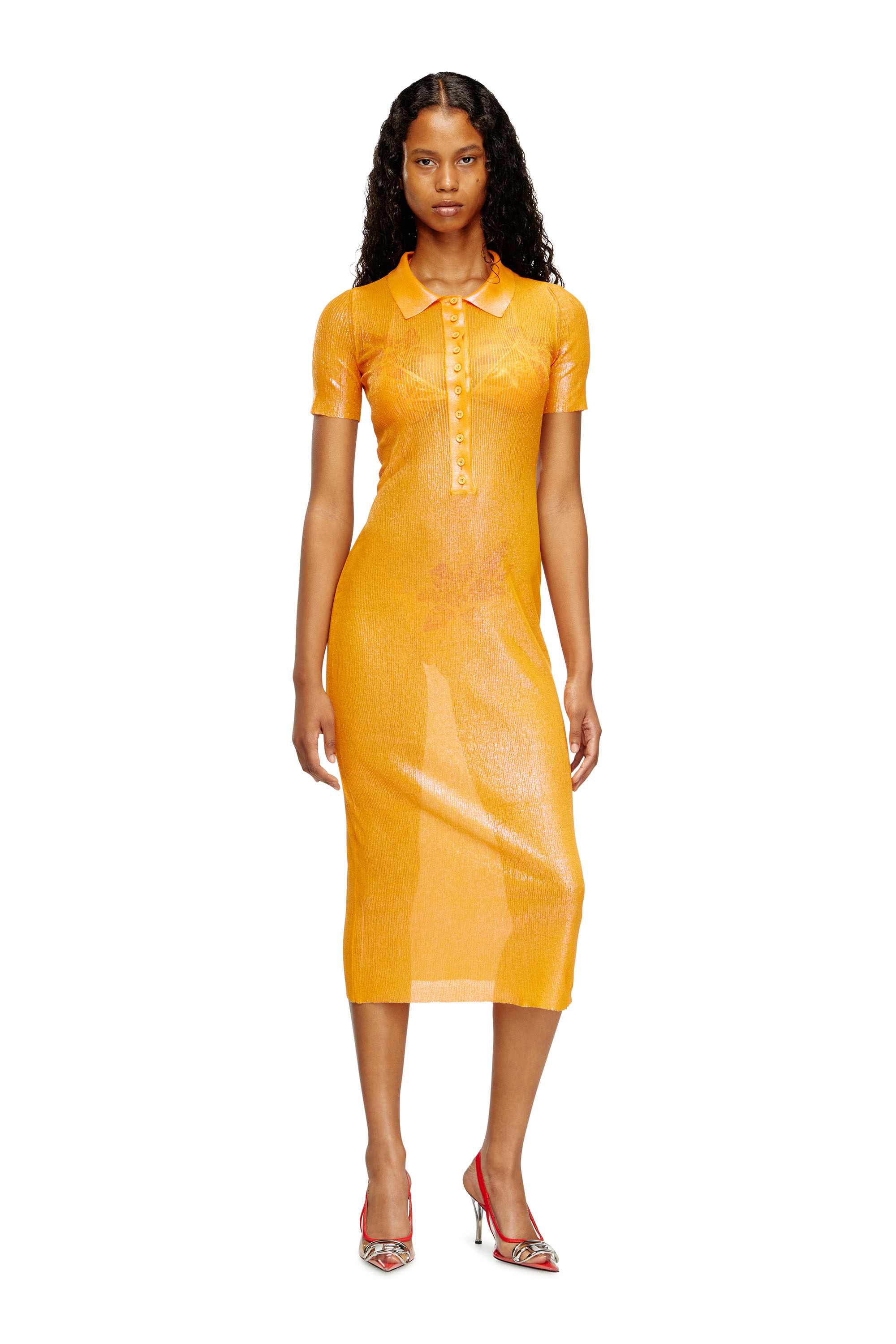 Orange Iridescent knit polo dress with lotus print