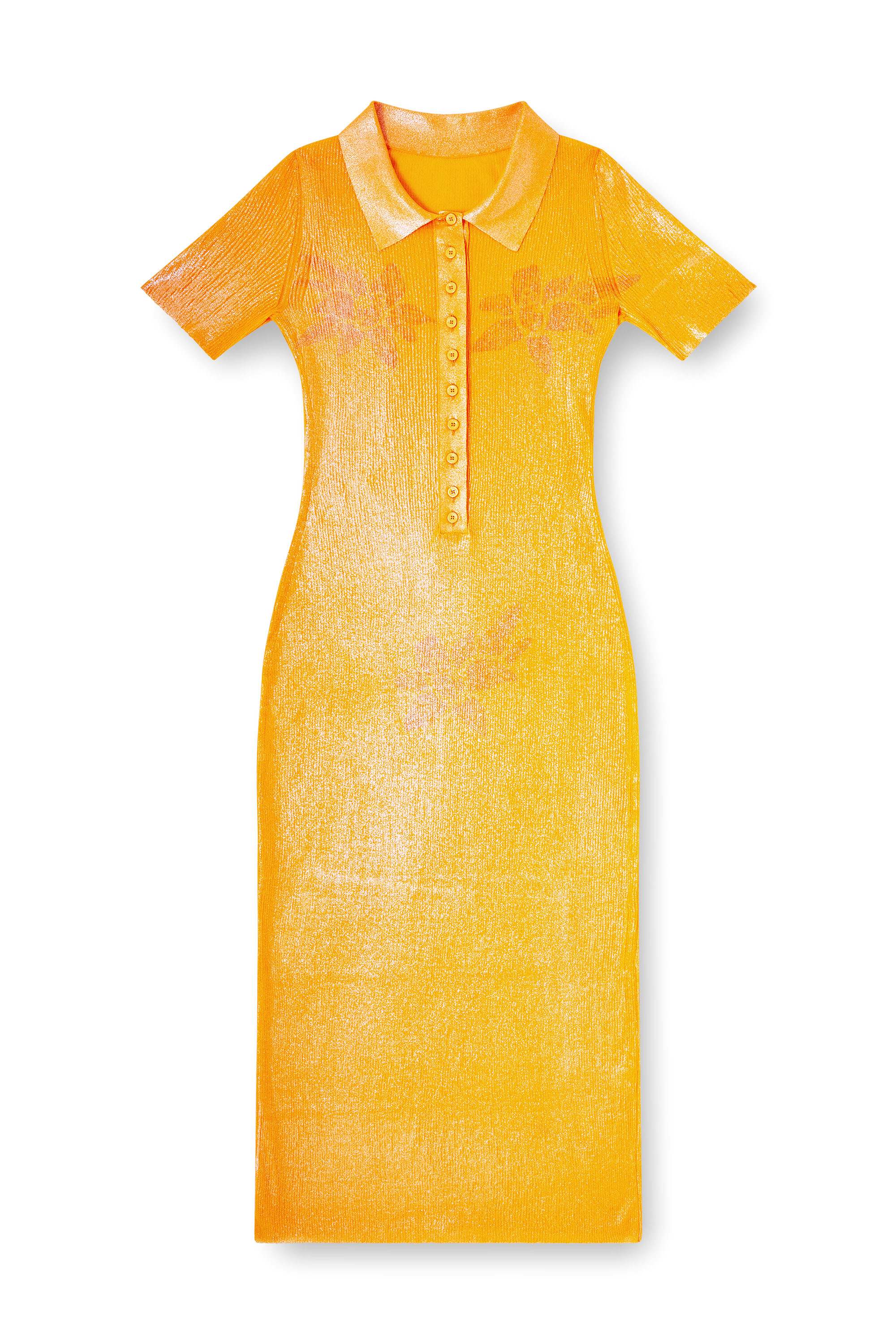 Orange Iridescent knit polo dress with lotus print