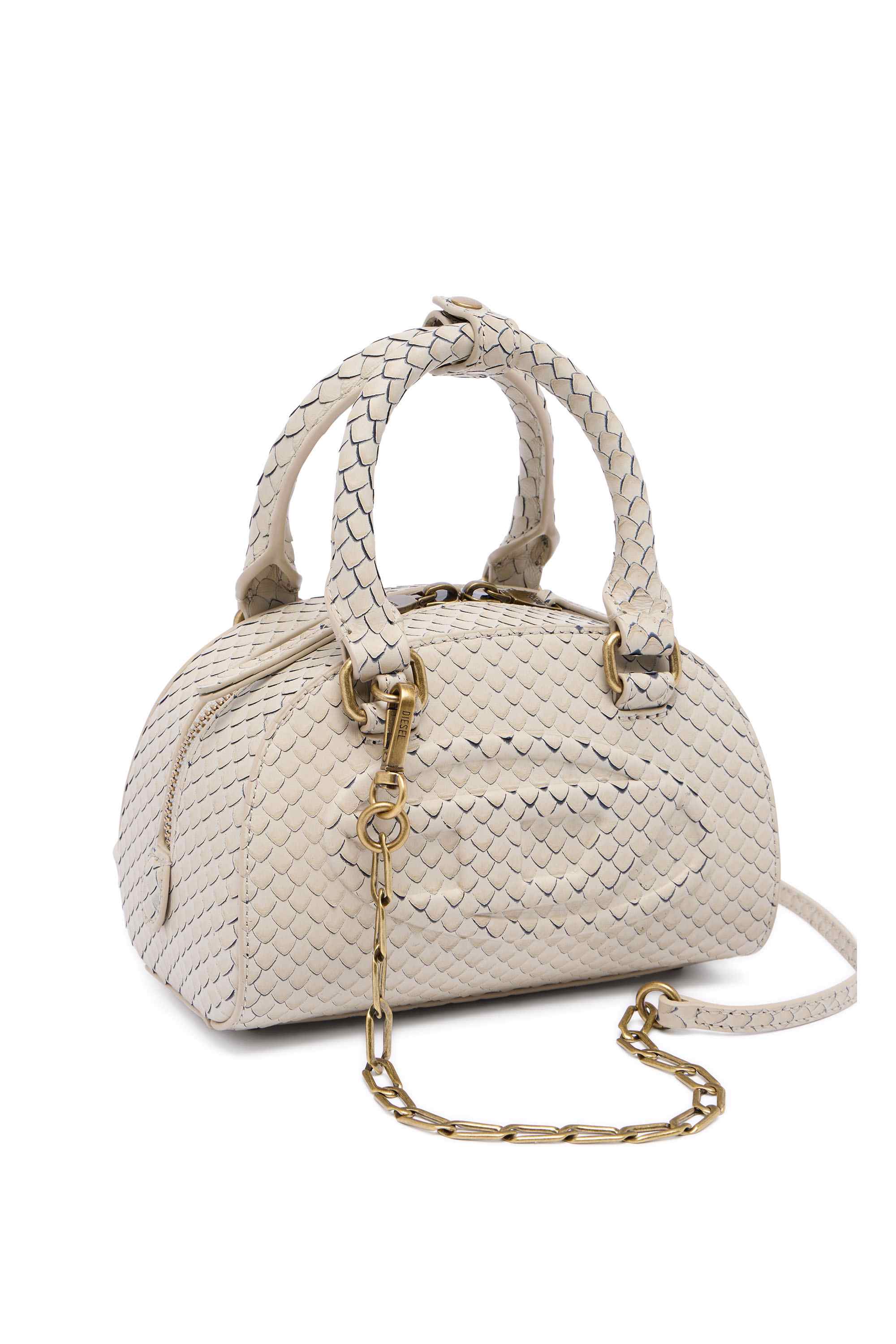 Khaki 1DR Dome-Mini bowling bag in snake-effect leather