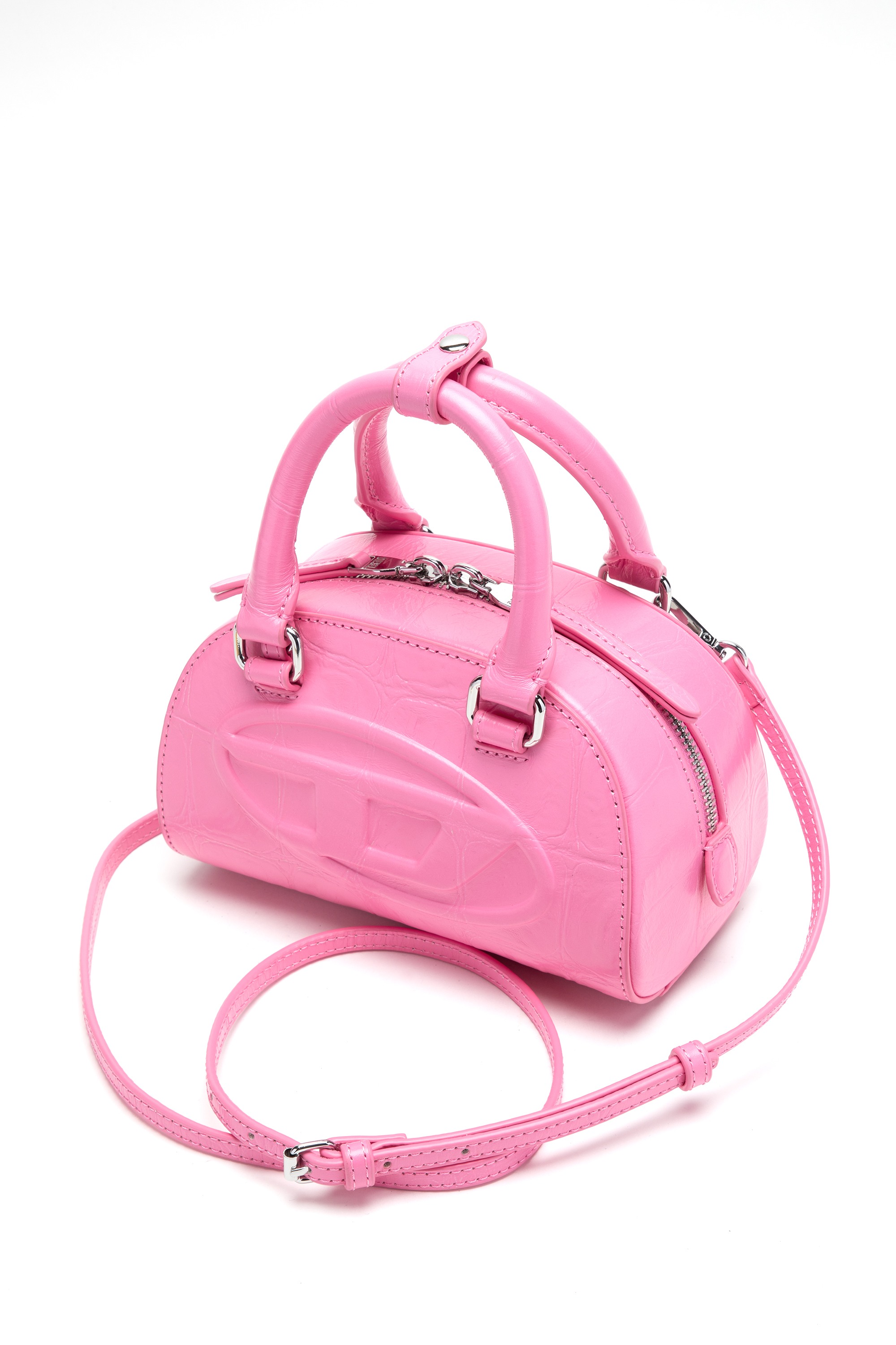 Pink 1DR Dome-Mini bowling bag in croc-effect leather