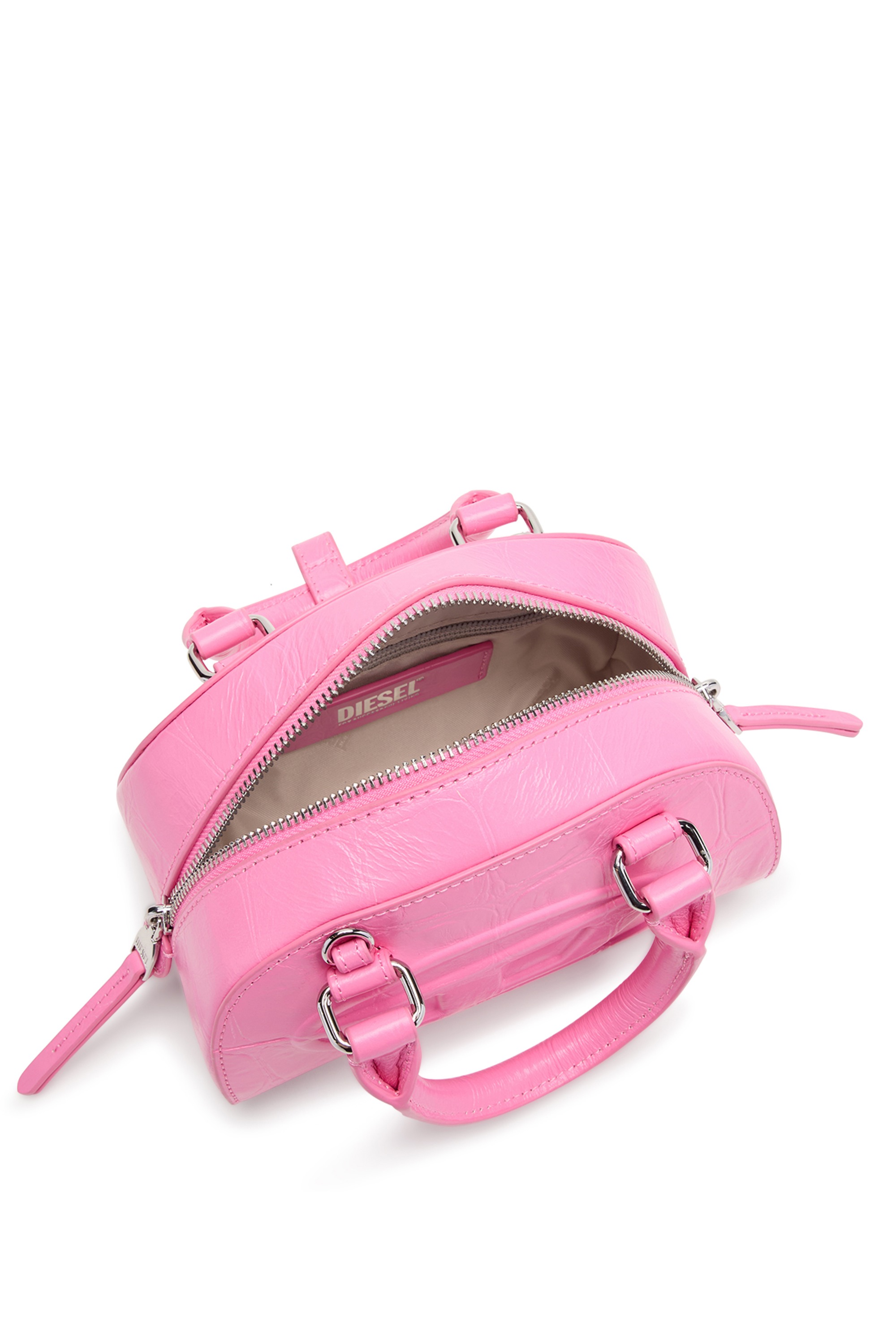Pink 1DR Dome-Mini bowling bag in croc-effect leather