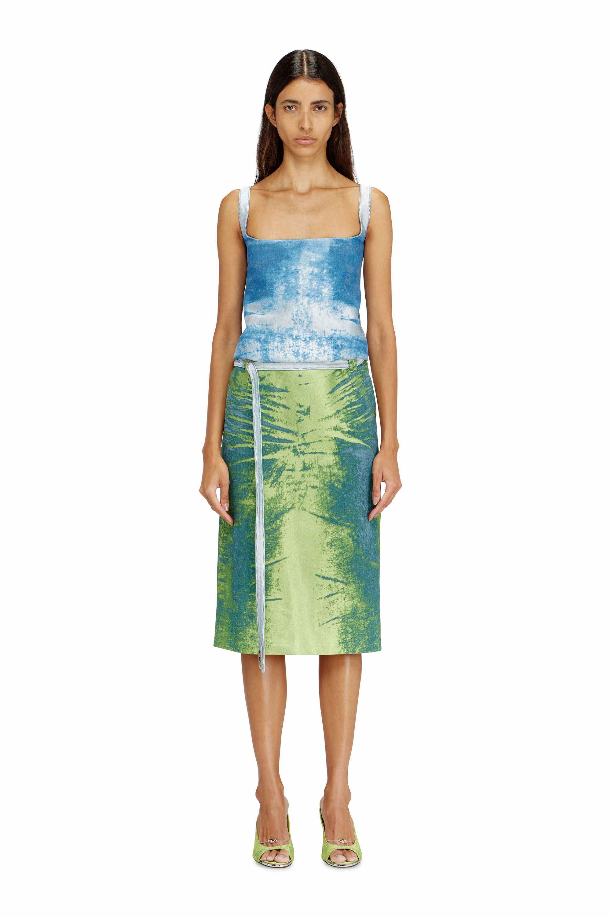 Silver Open-back apron dress in coloured satin denim