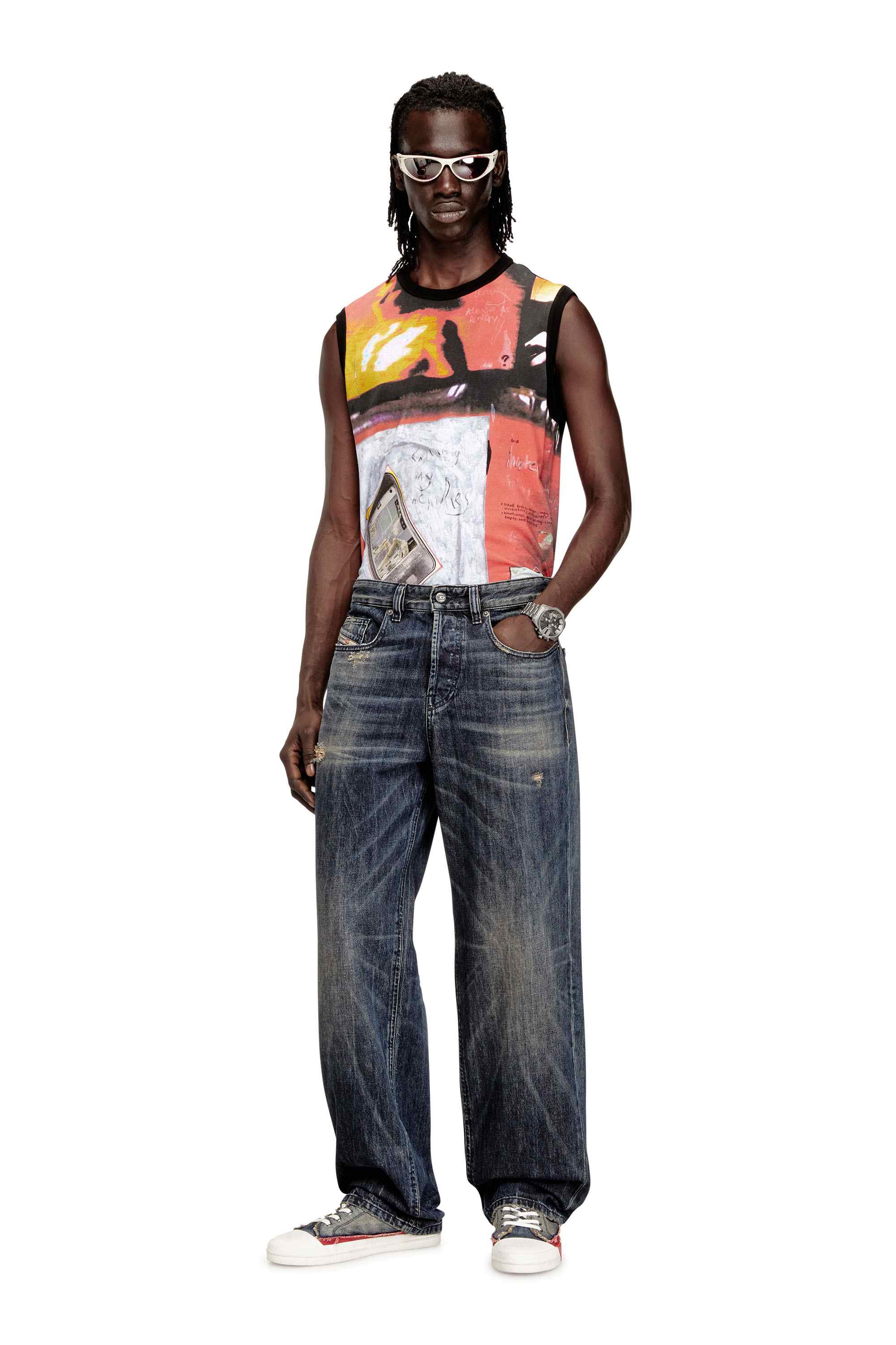 Grey Slim Fit Tank top in printed stretch jersey