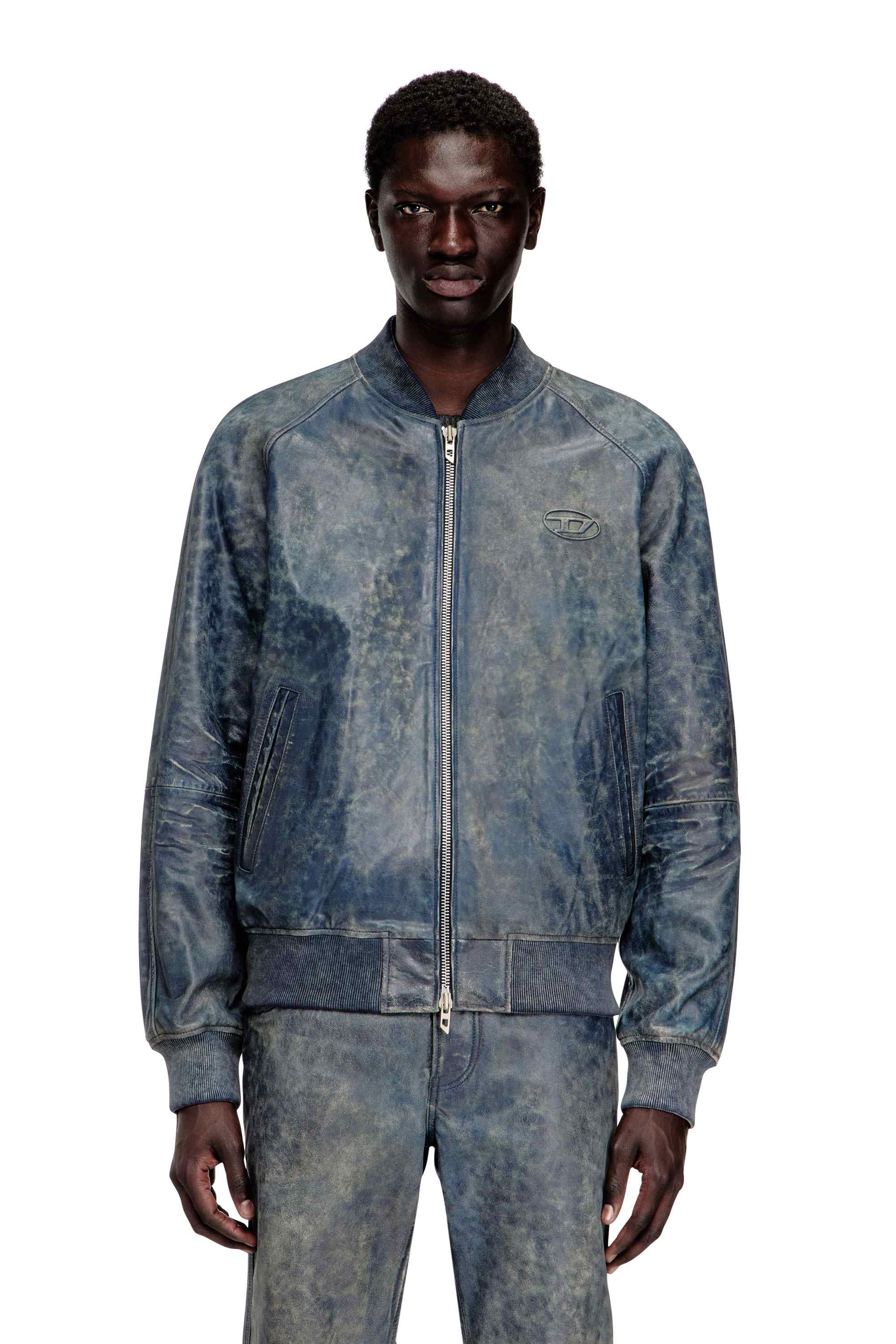 Blue Regular Fit Bomber jacket in treated leather