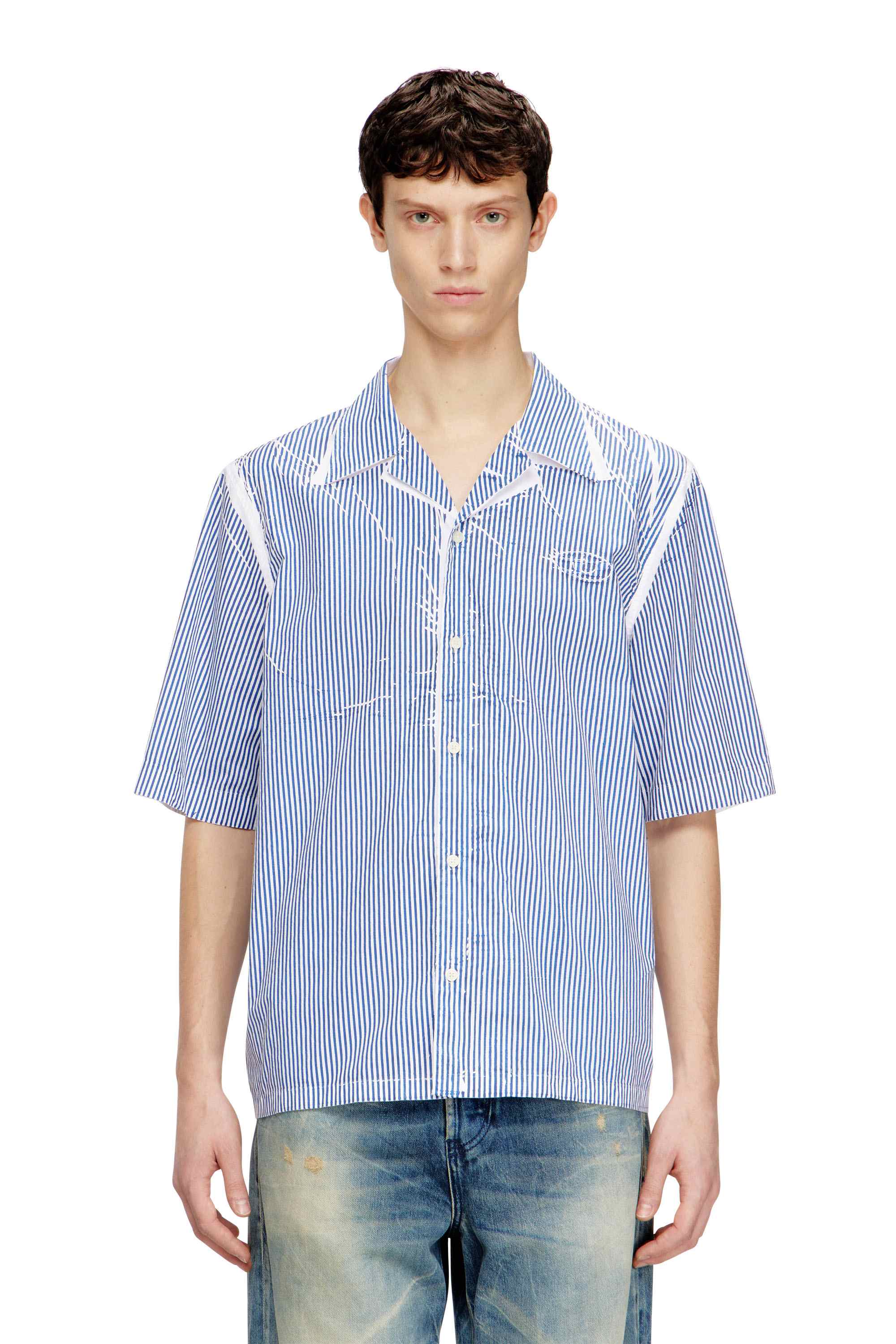 Blue Regular Fit Poplin short-sleeve shirt with pinstripes