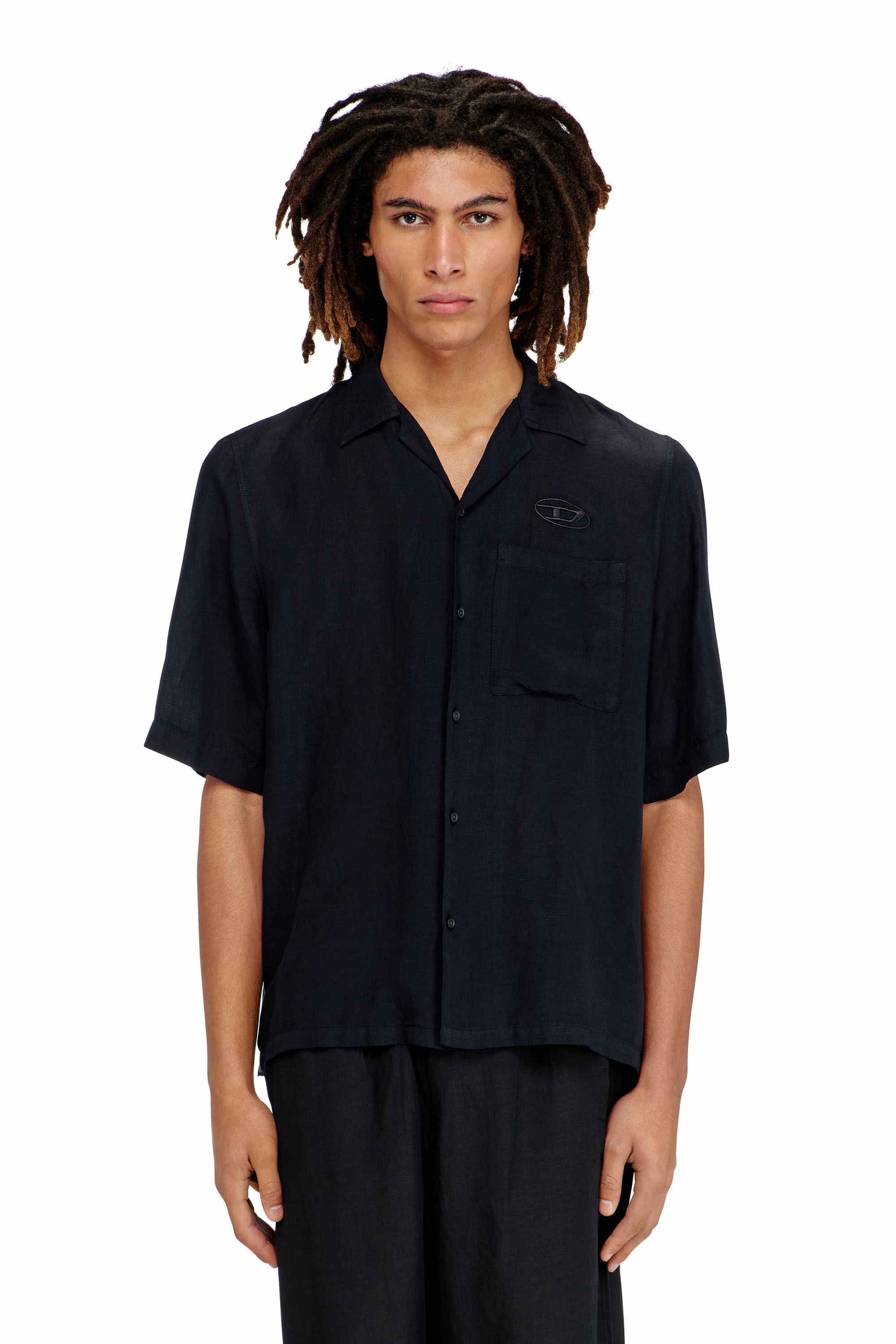 Black Linen-blend shirt with short sleeves