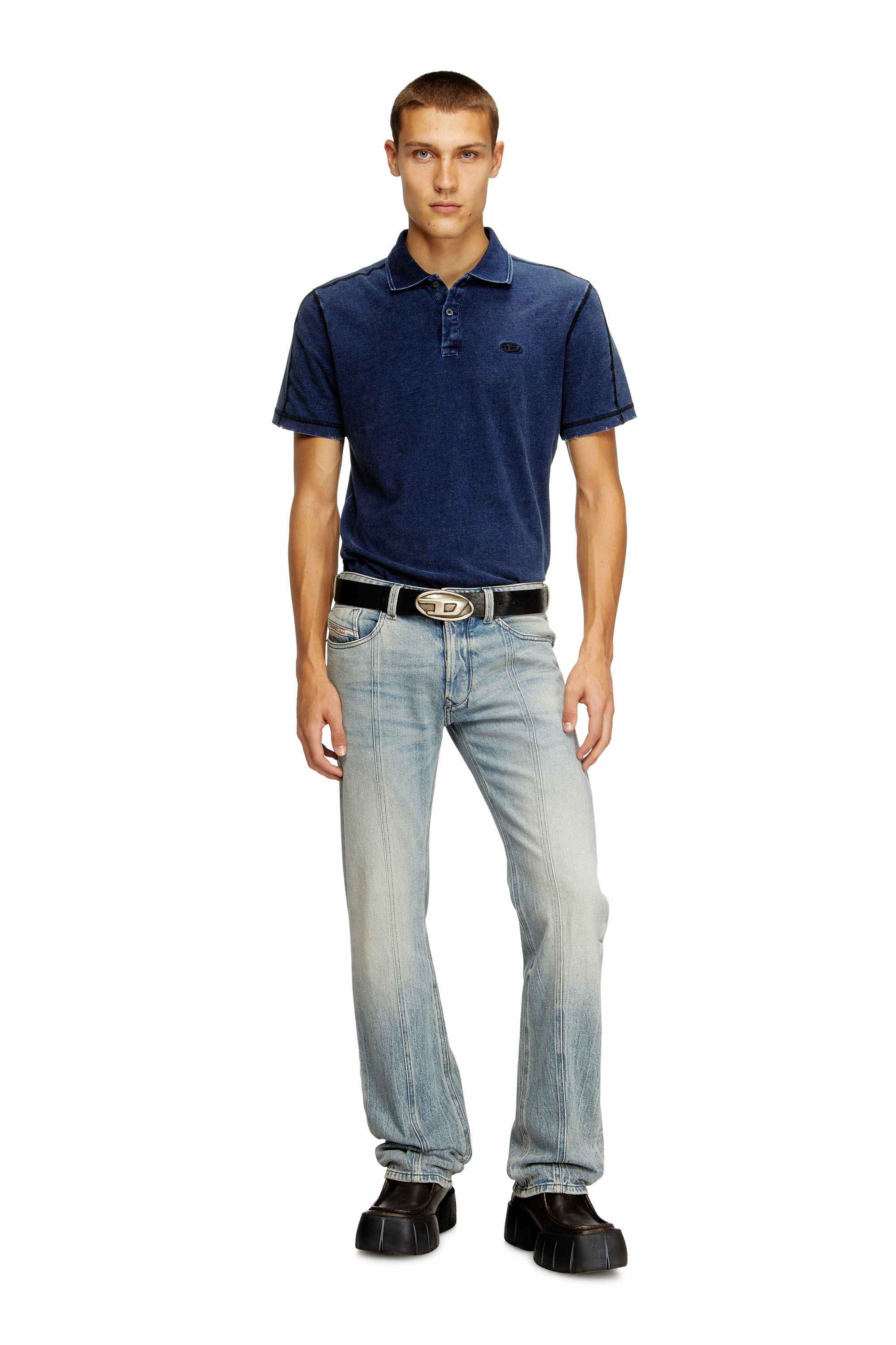 Blue Slim Fit Cotton polo shirt with denim effect