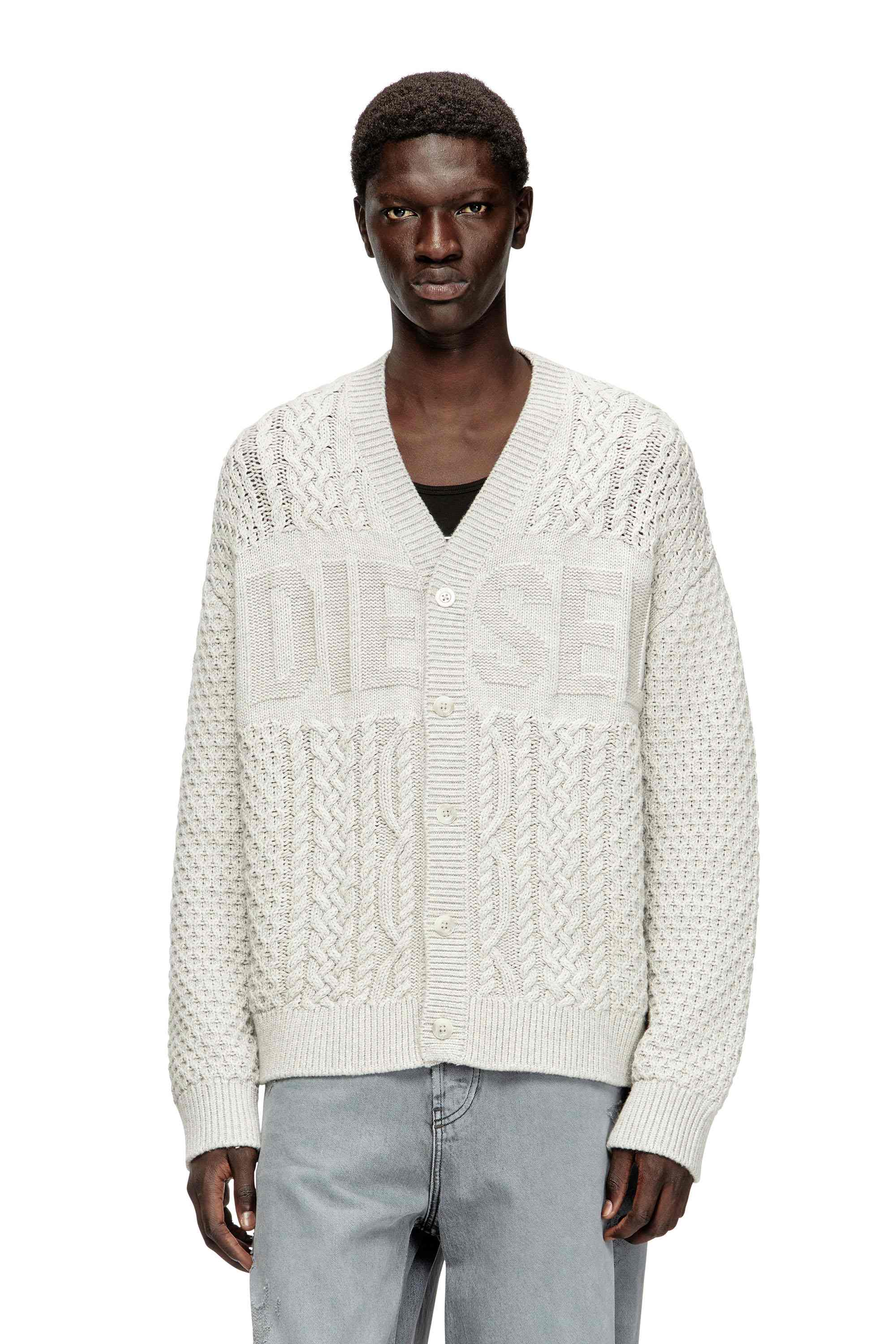 Light Grey Cable-knit cardigan with Diesel logo
