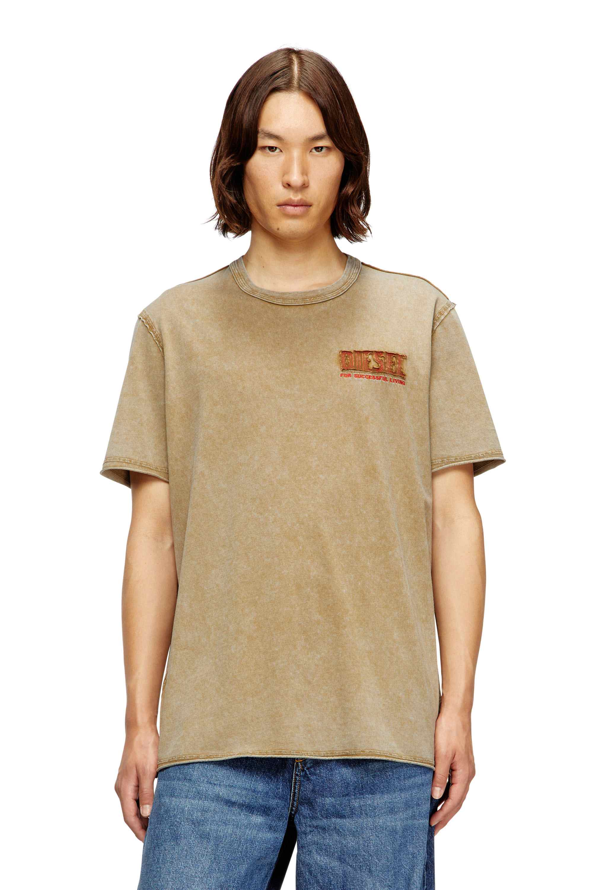Light Brown Regular Fit Acid-wash T-shirt with raw edges