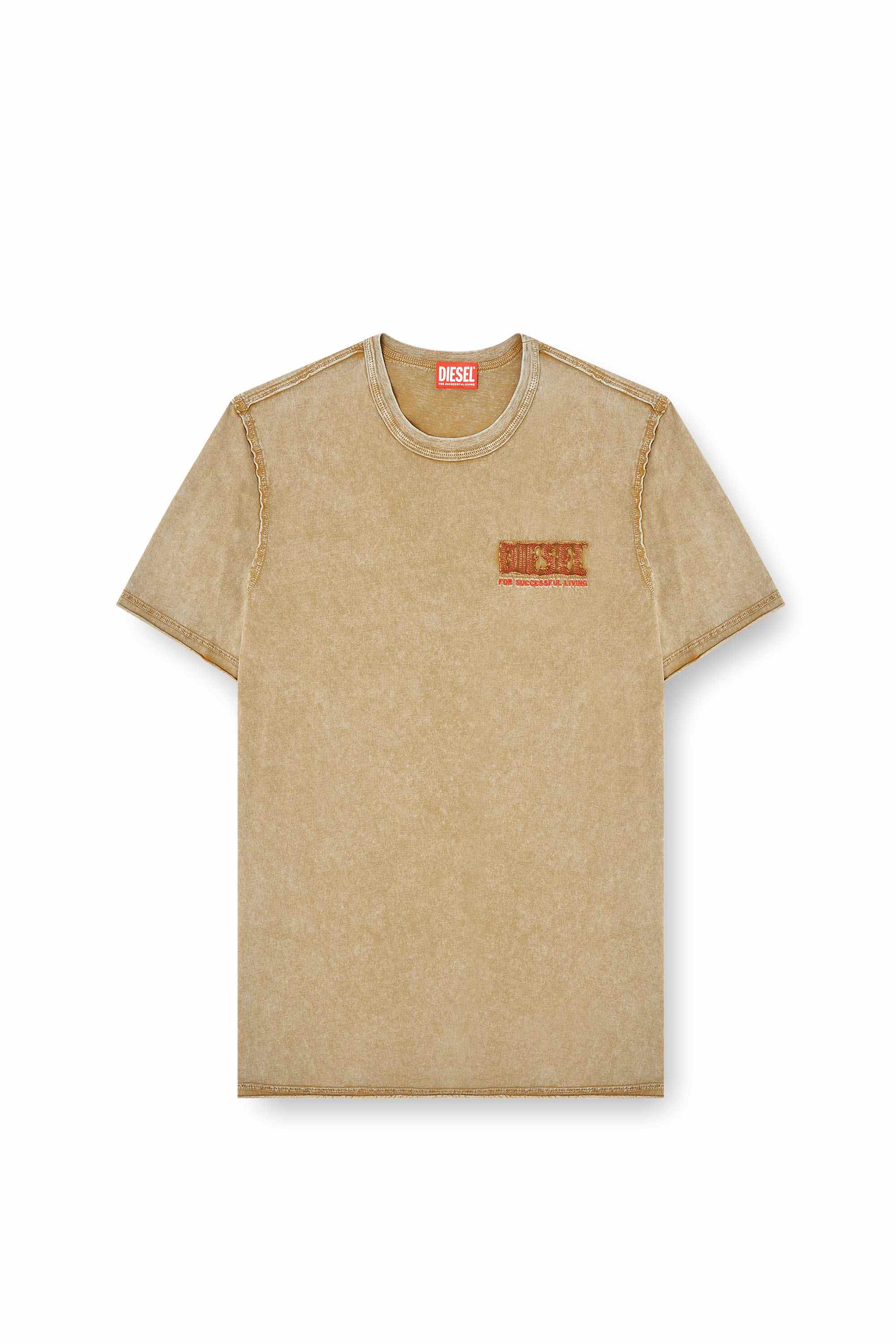Light Brown Regular Fit Acid-wash T-shirt with raw edges