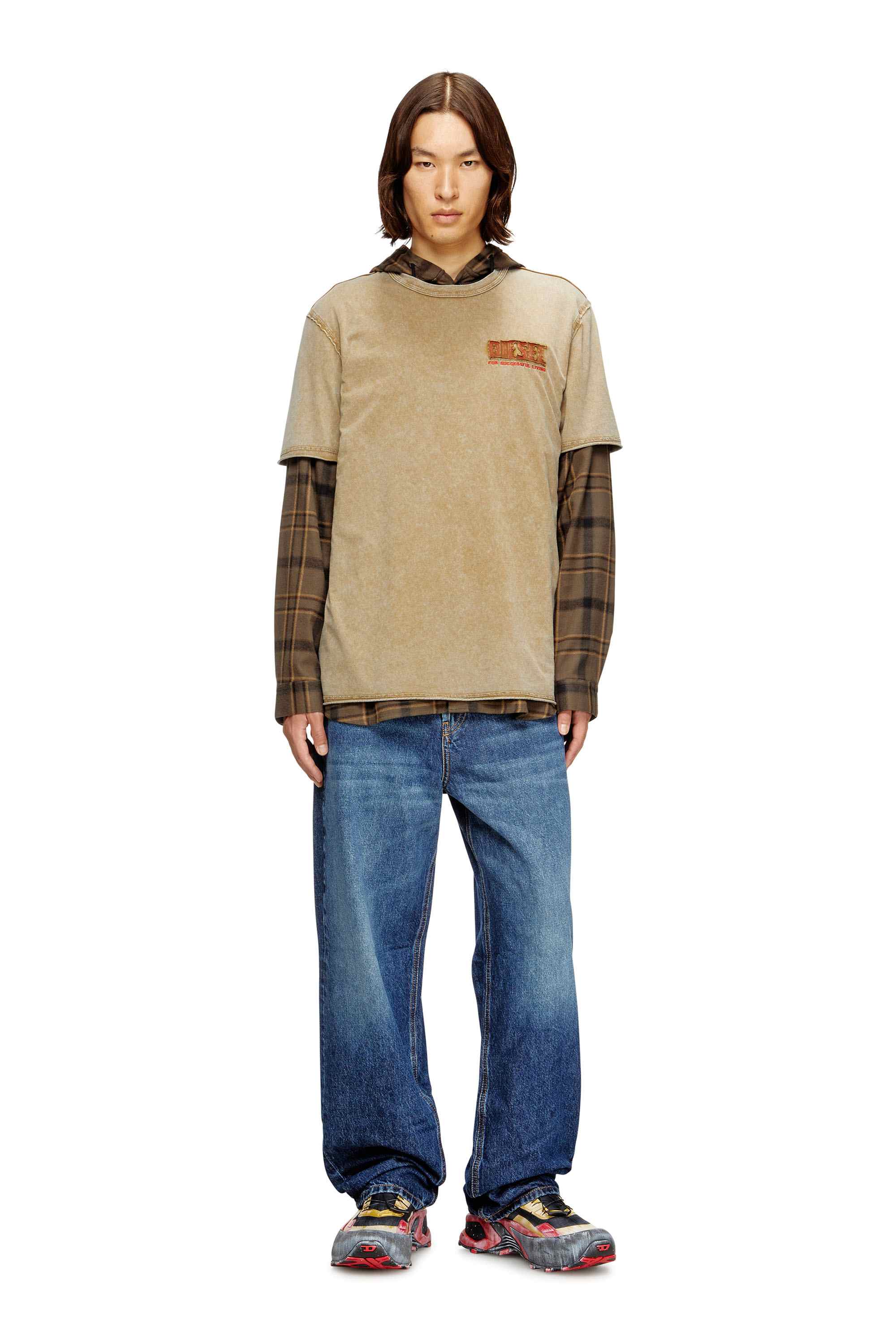 Light Brown Regular Fit Acid-wash T-shirt with raw edges