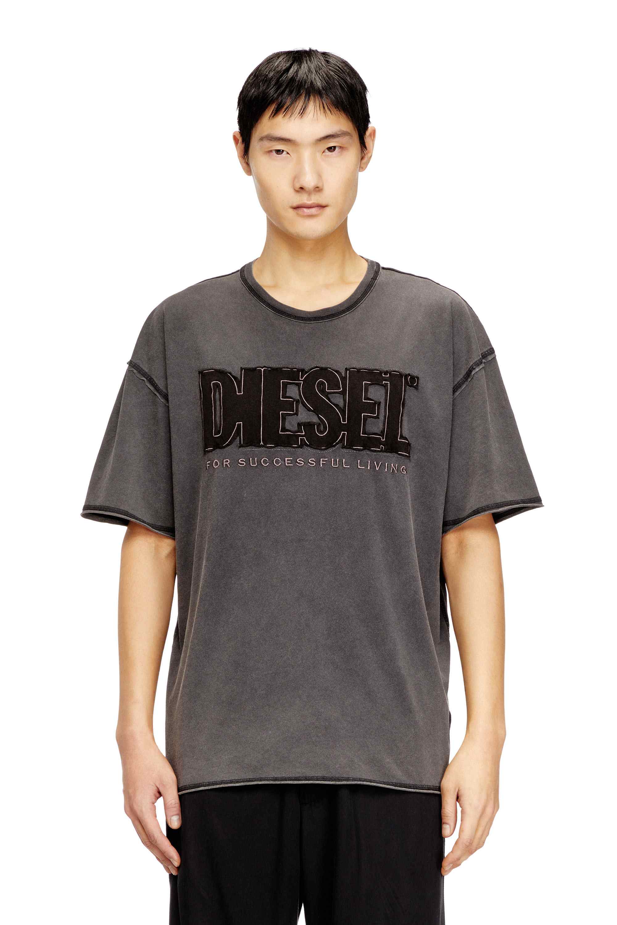 Dark Grey T-shirt with appliqué logo and raw edge