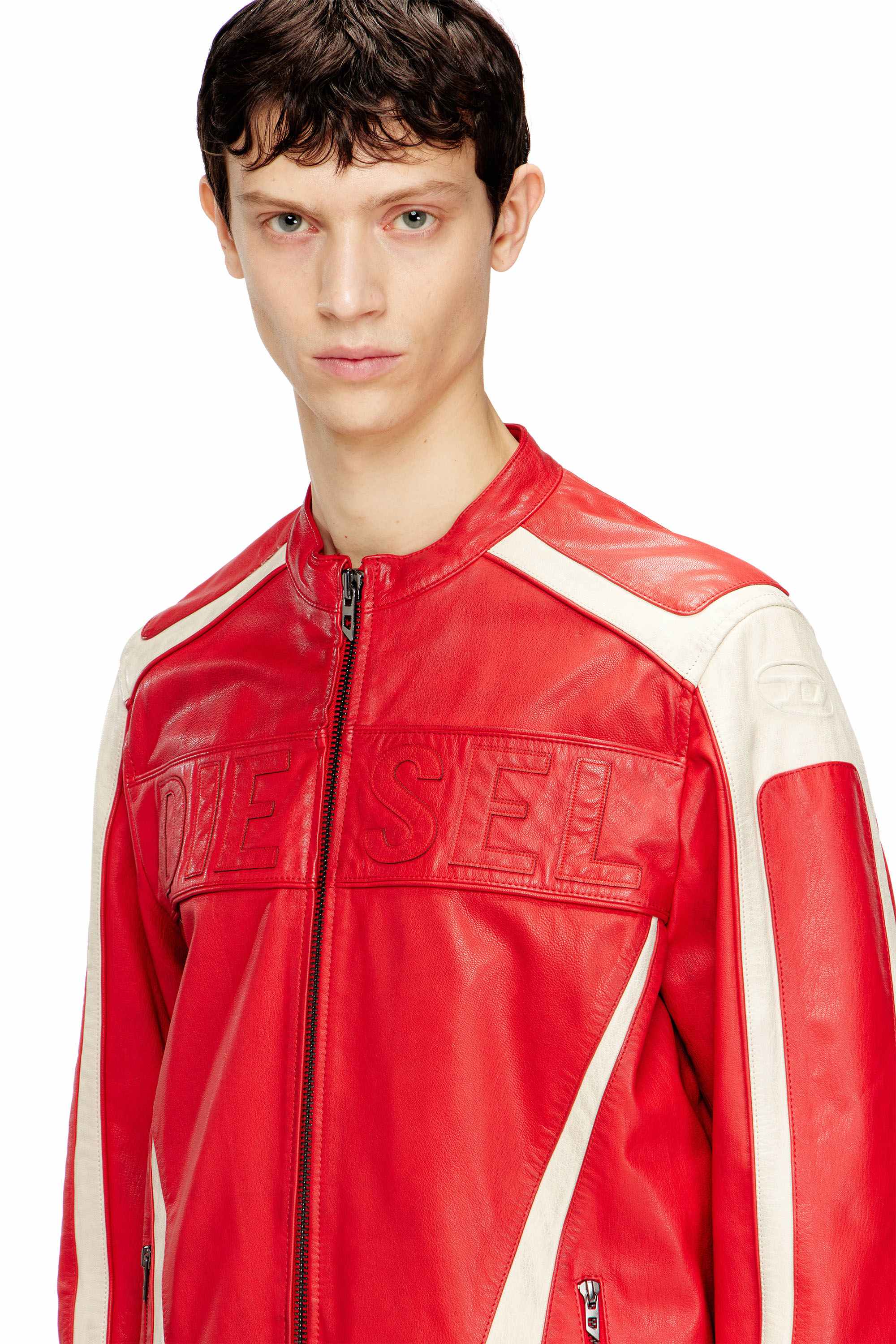 Red Regular Fit Colour-block leather biker jacket