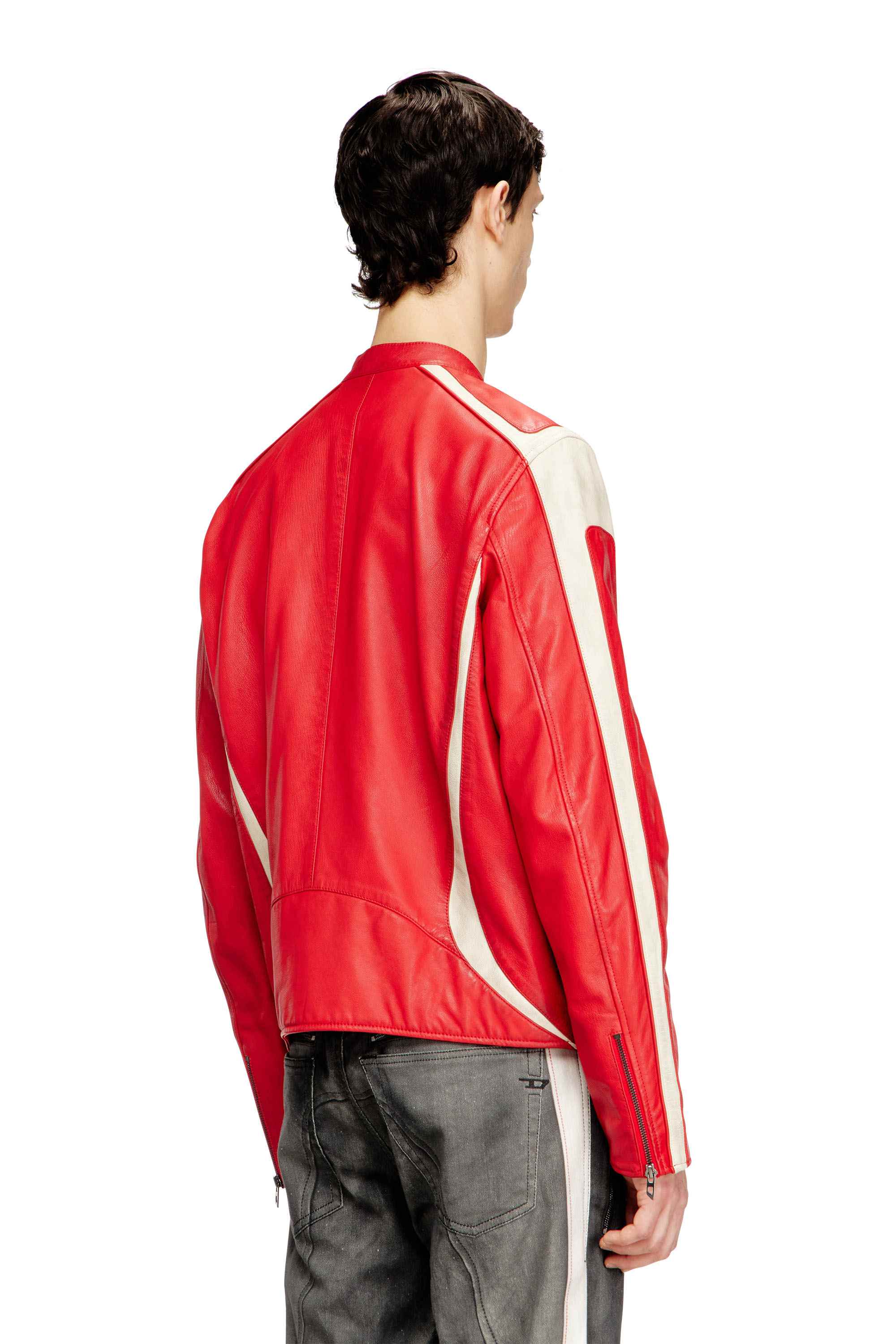 Red Regular Fit Colour-block leather biker jacket
