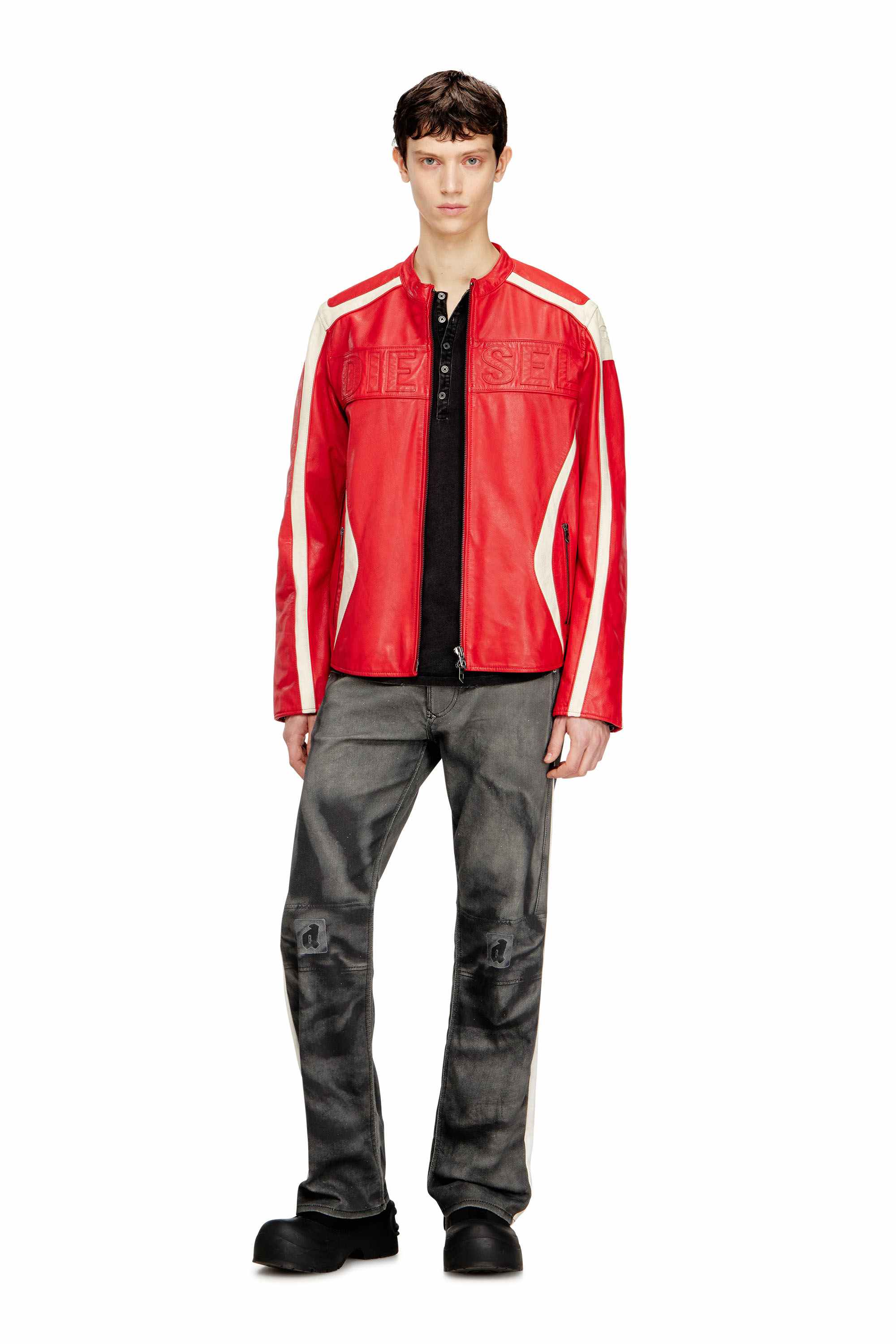 Red Regular Fit Colour-block leather biker jacket