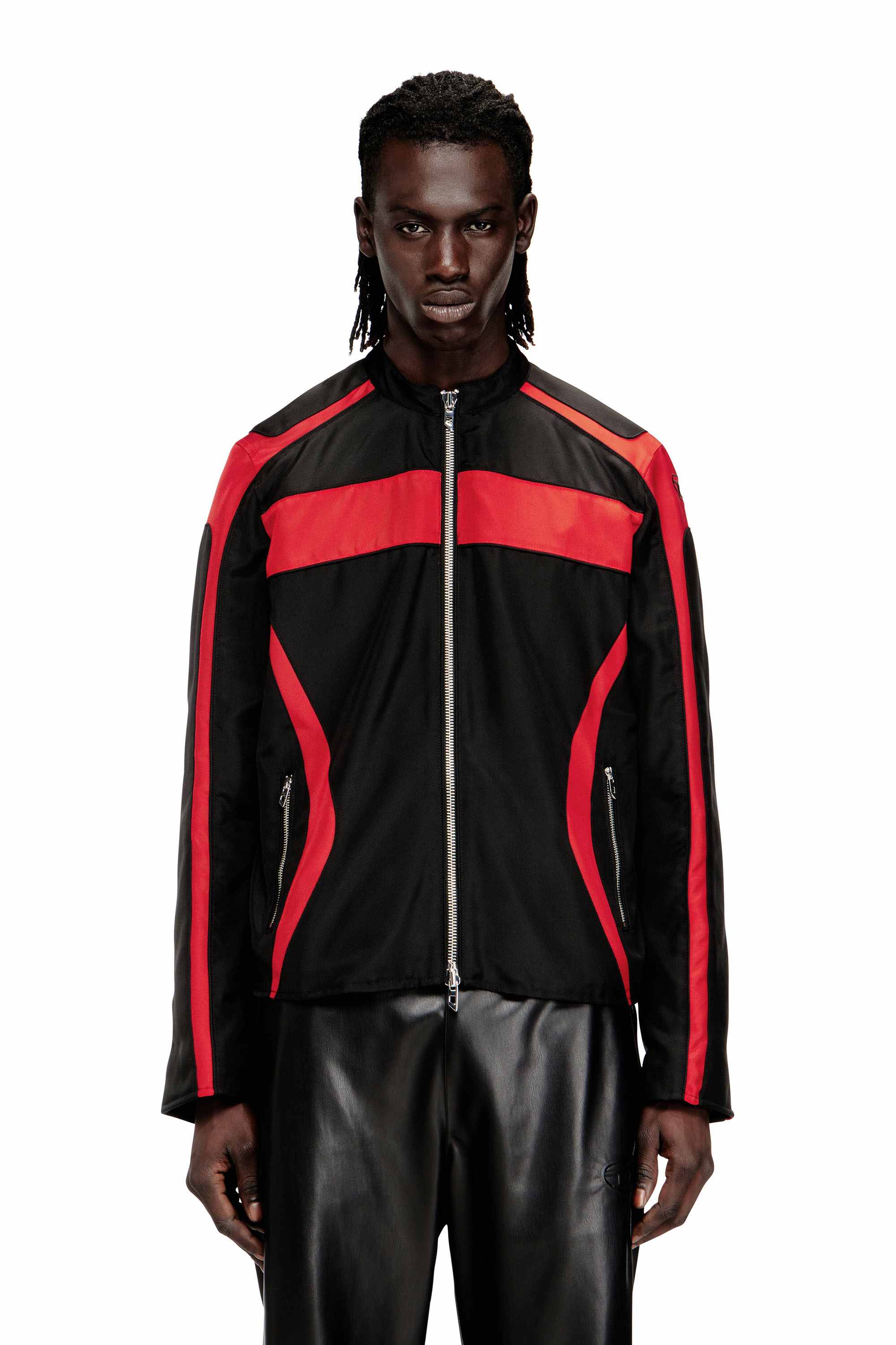 Black Regular Fit Biker-style jacket in colour-block canvas