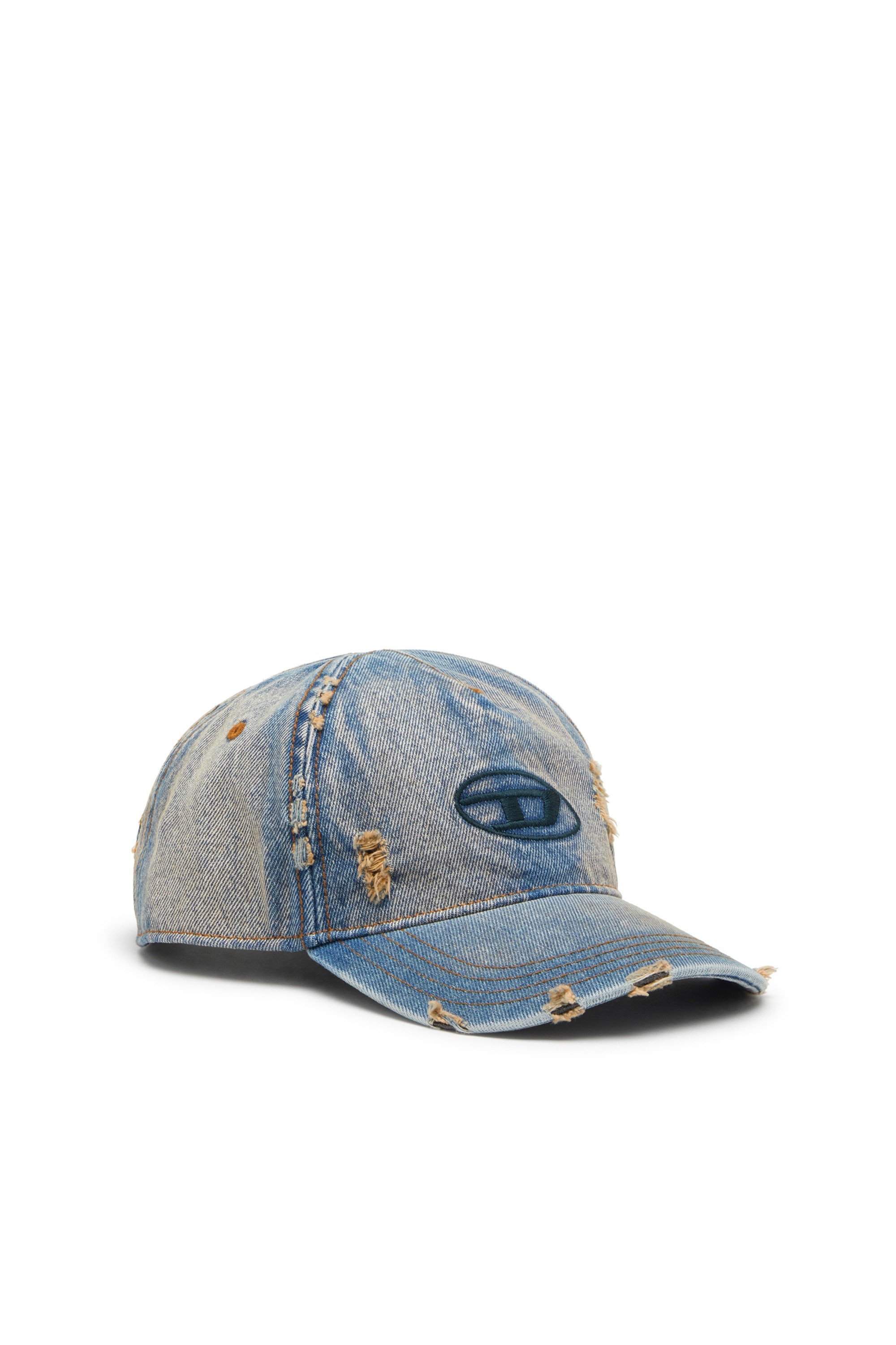Blue Denim cap with frayed details and embroidered logo