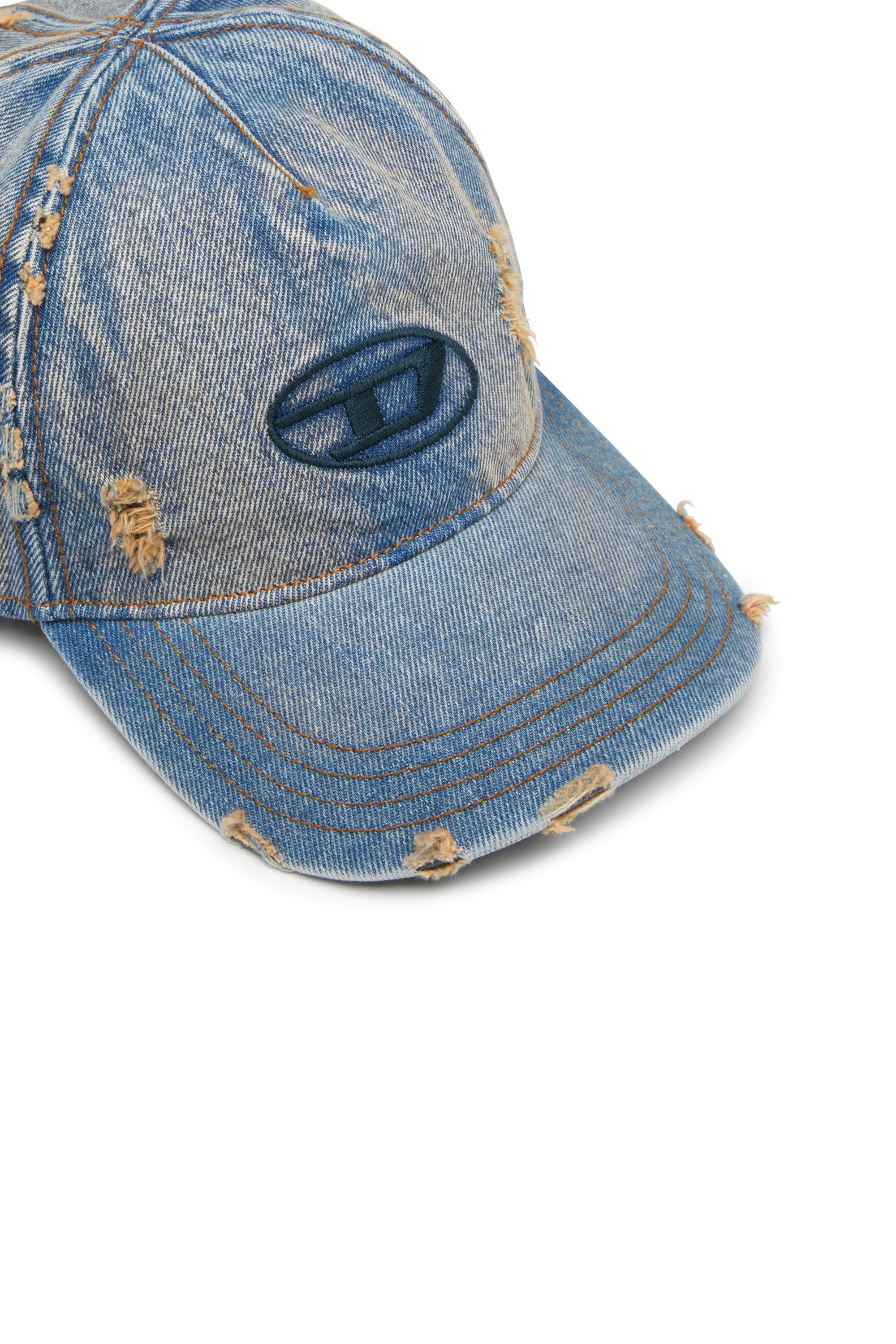Blue Denim cap with frayed details and embroidered logo