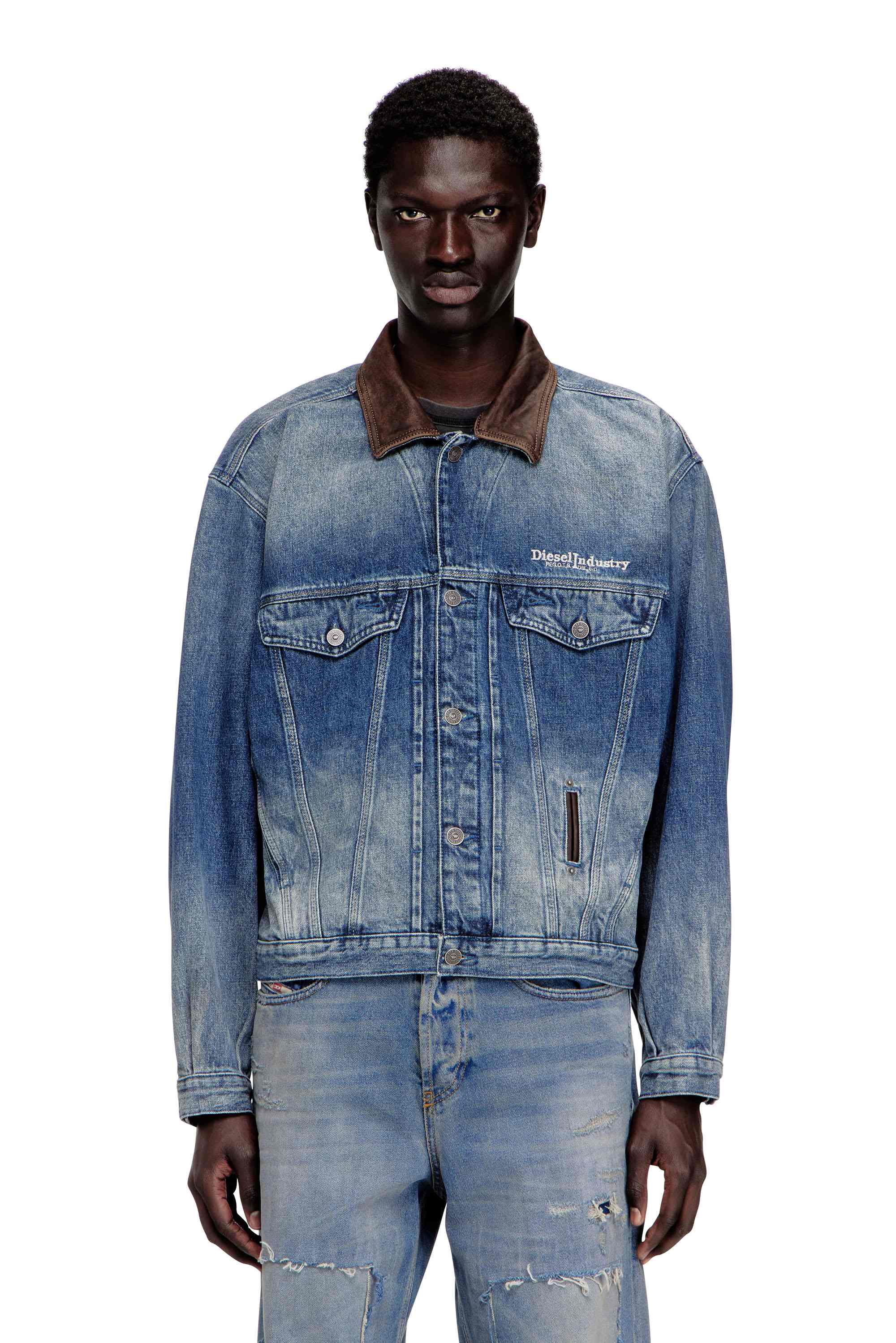Blue Denim trucker jacket with contrast leather trims