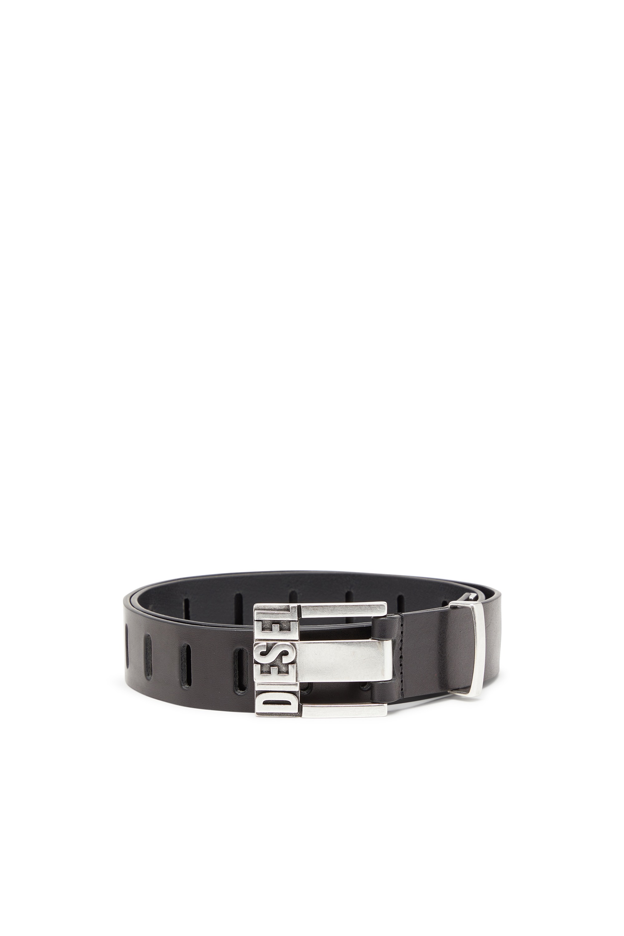 Black 3.4 cm leather belt with all-over eyelets