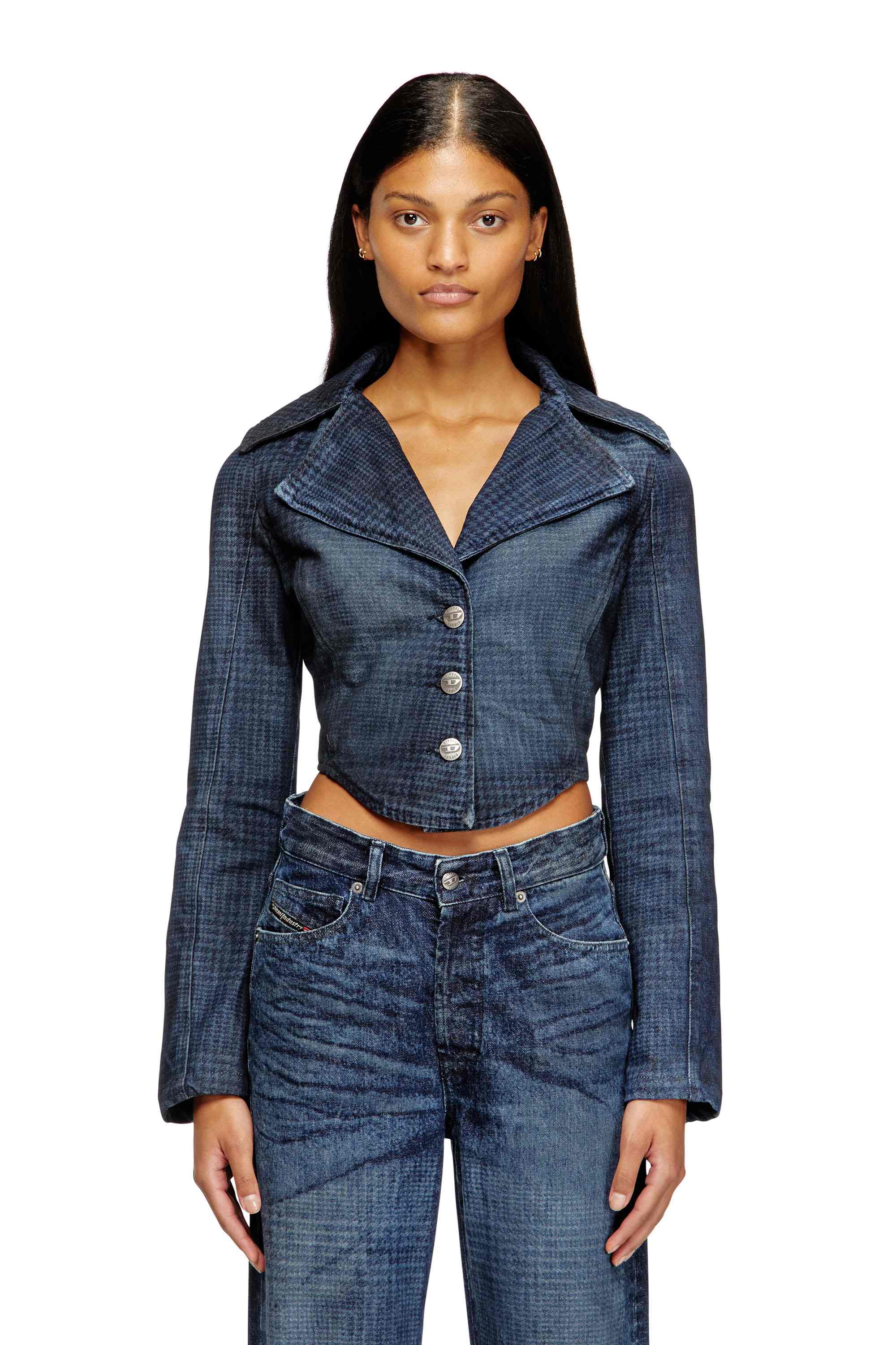 Blue Cropped jacket in Prince of Wales denim