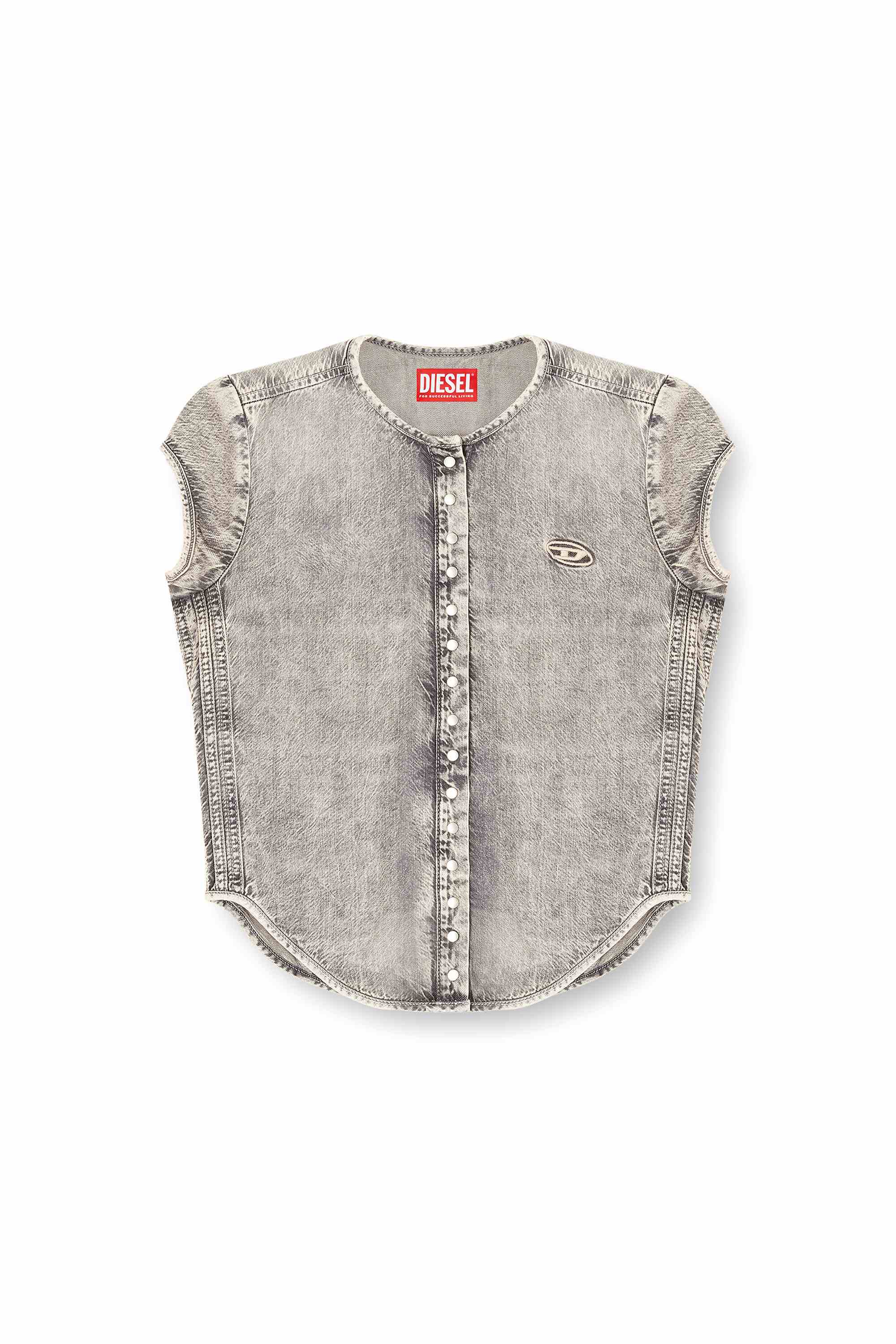 Grey Short-sleeve denim shirt with athletic stripes
