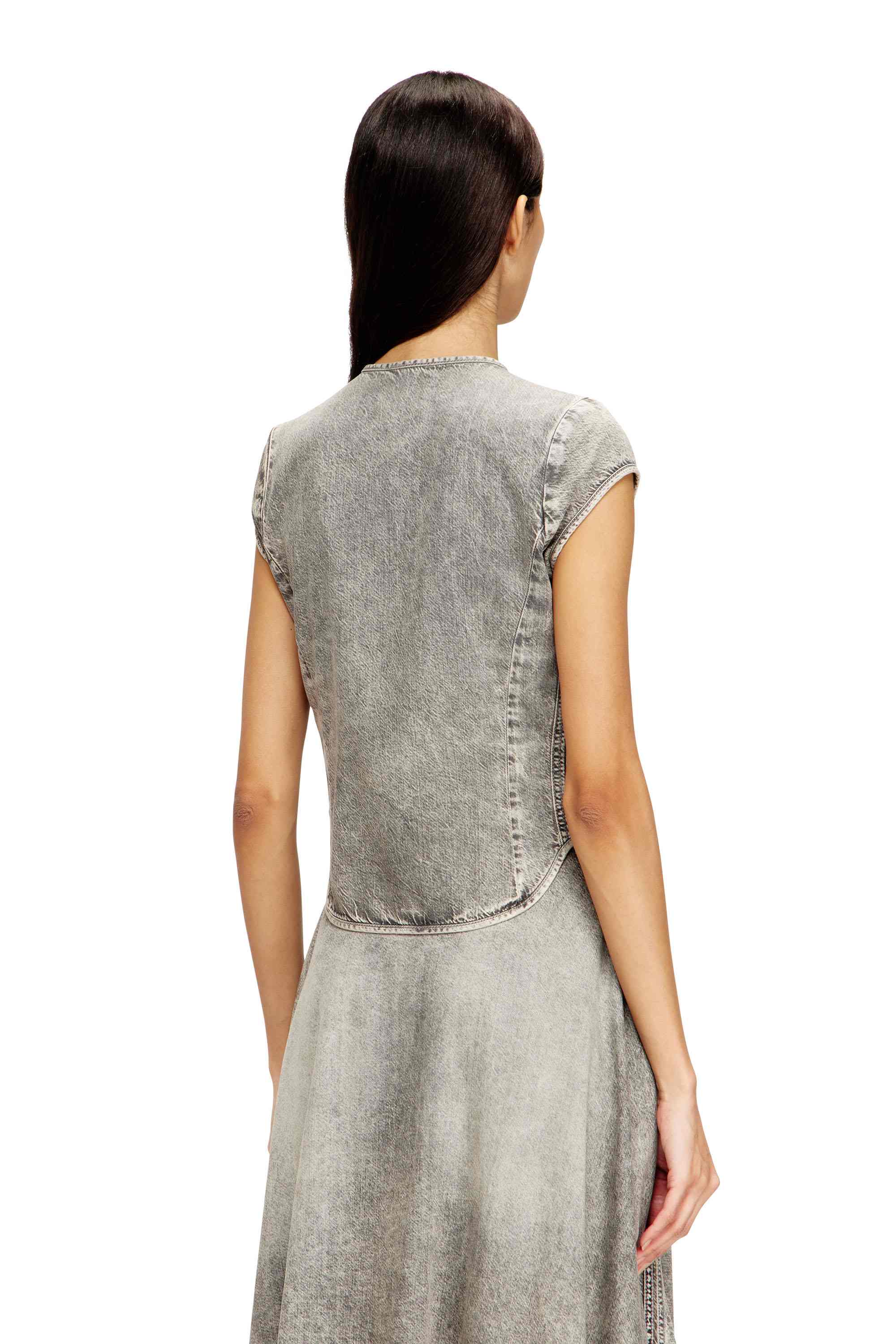 Grey Short-sleeve denim shirt with athletic stripes