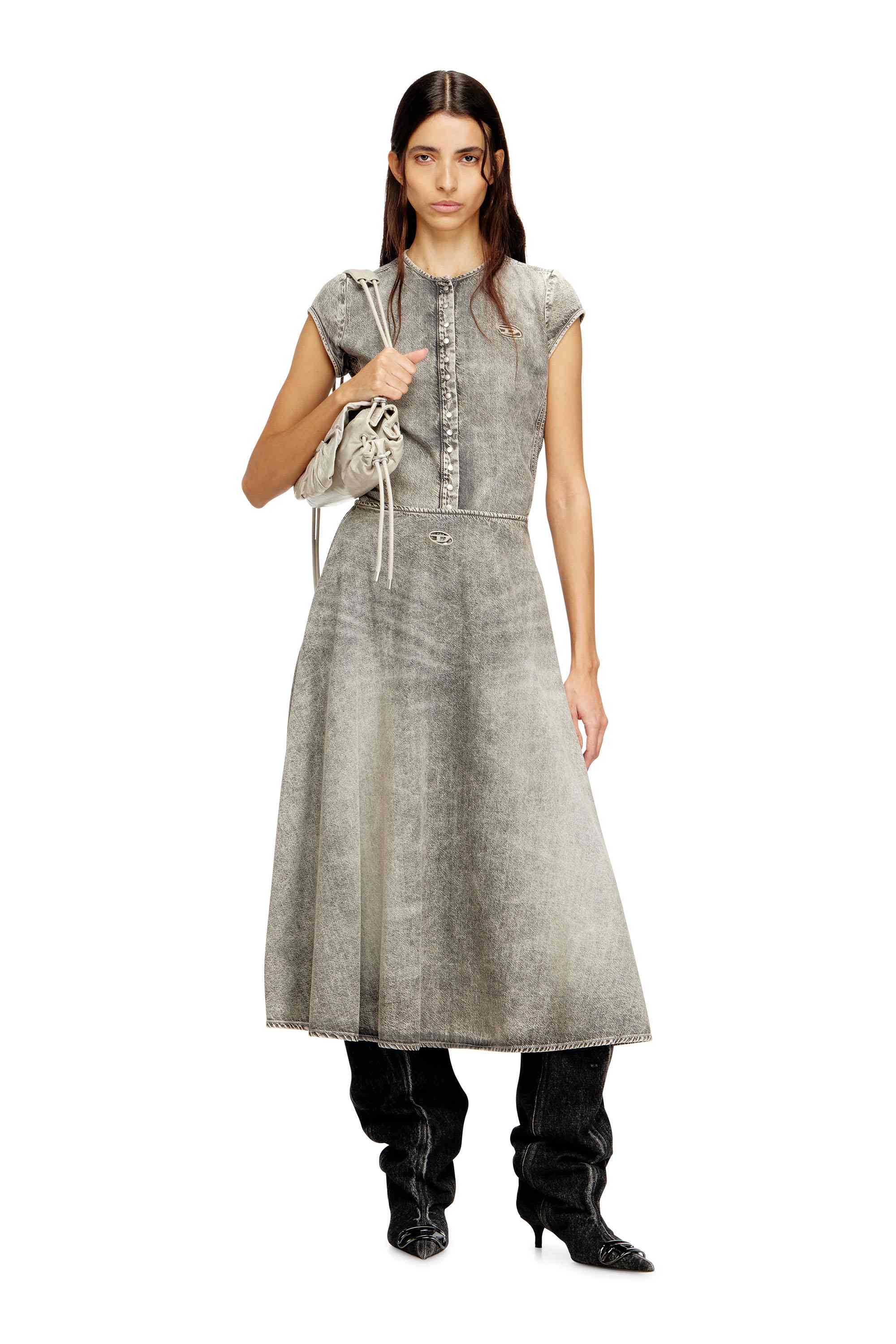 Grey Short-sleeve denim shirt with athletic stripes