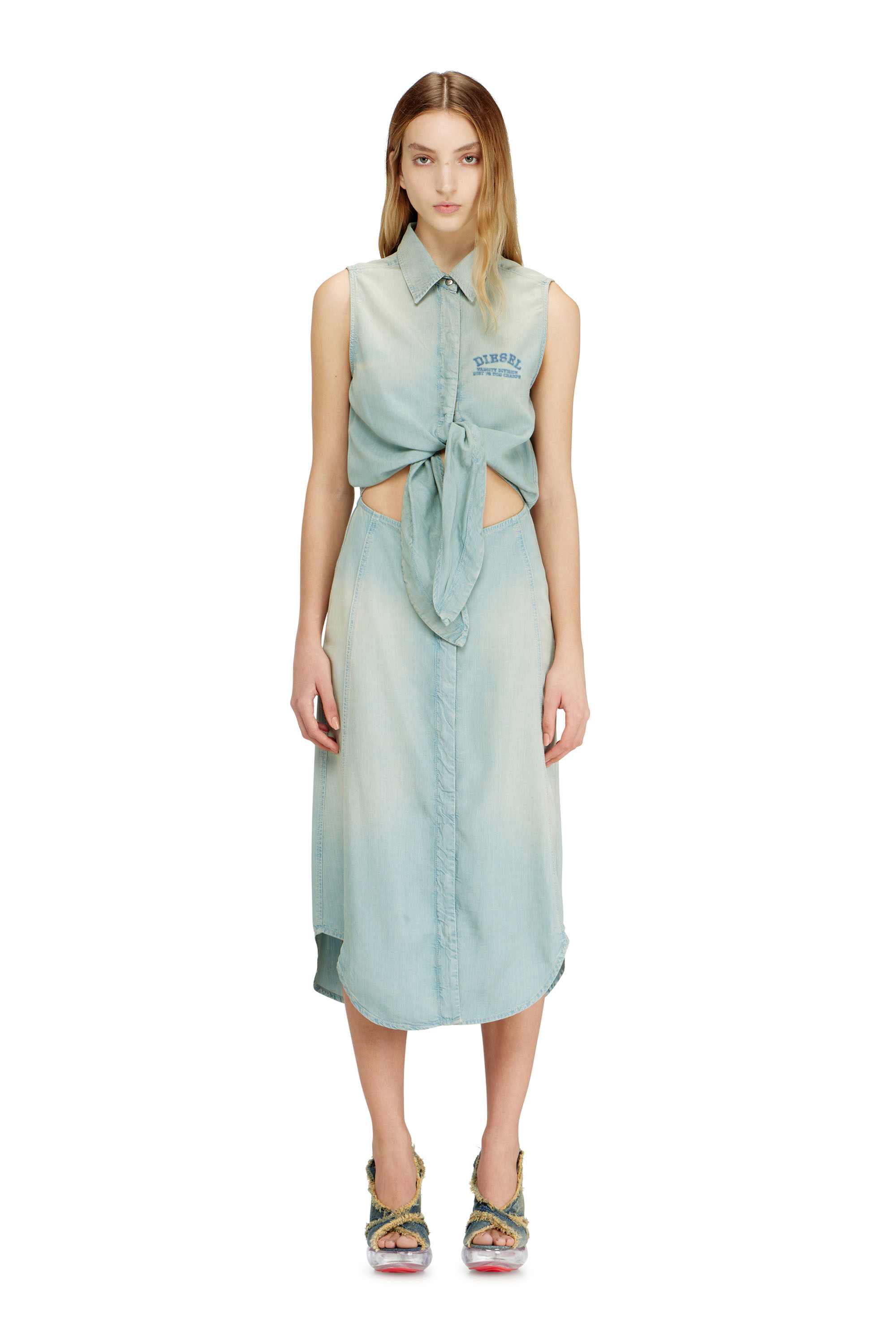 Blue Midi Dress In Fluid Dirt-Effect Denim
