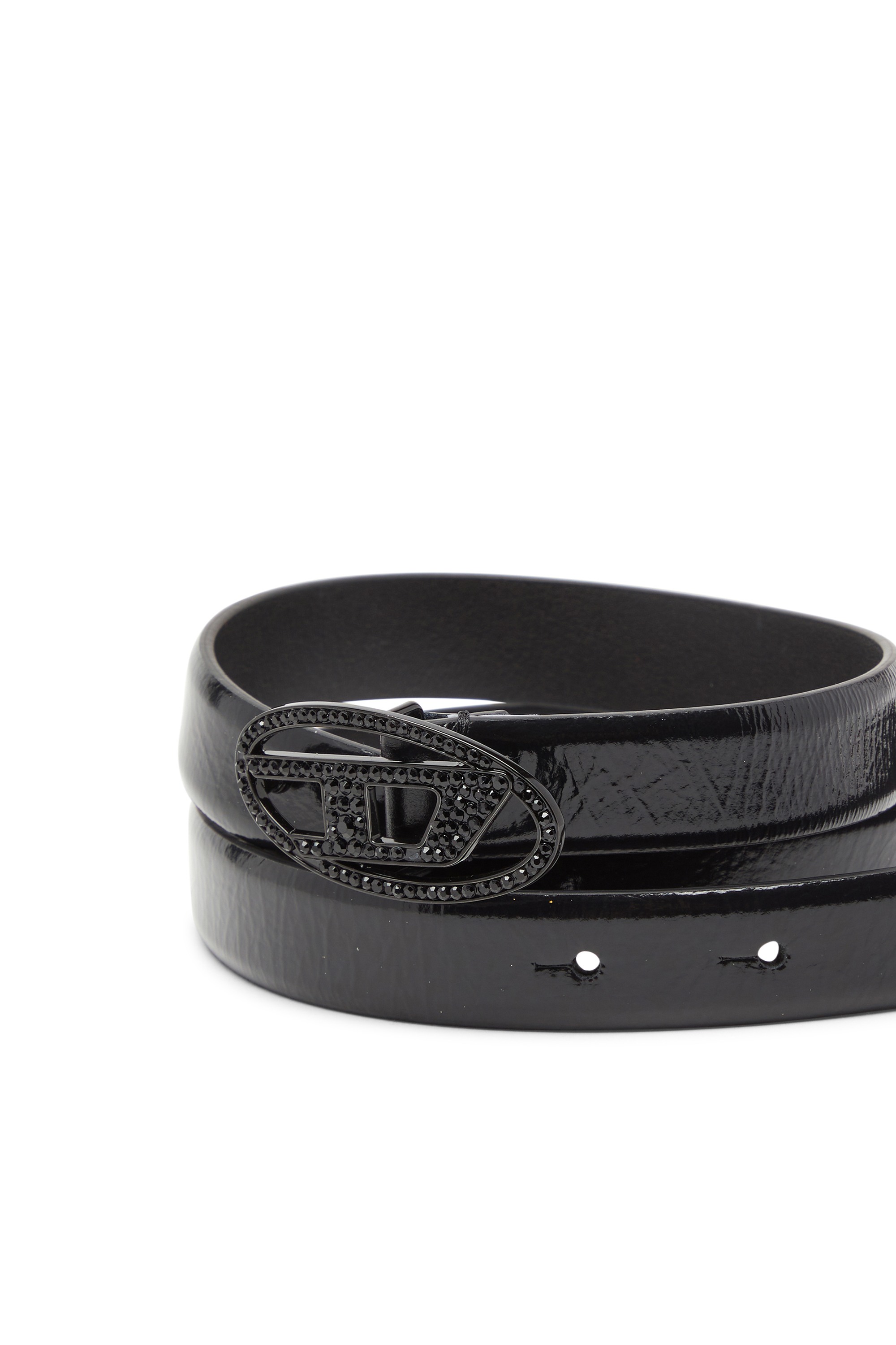 Black 2 cm leather belt with crystal buckle