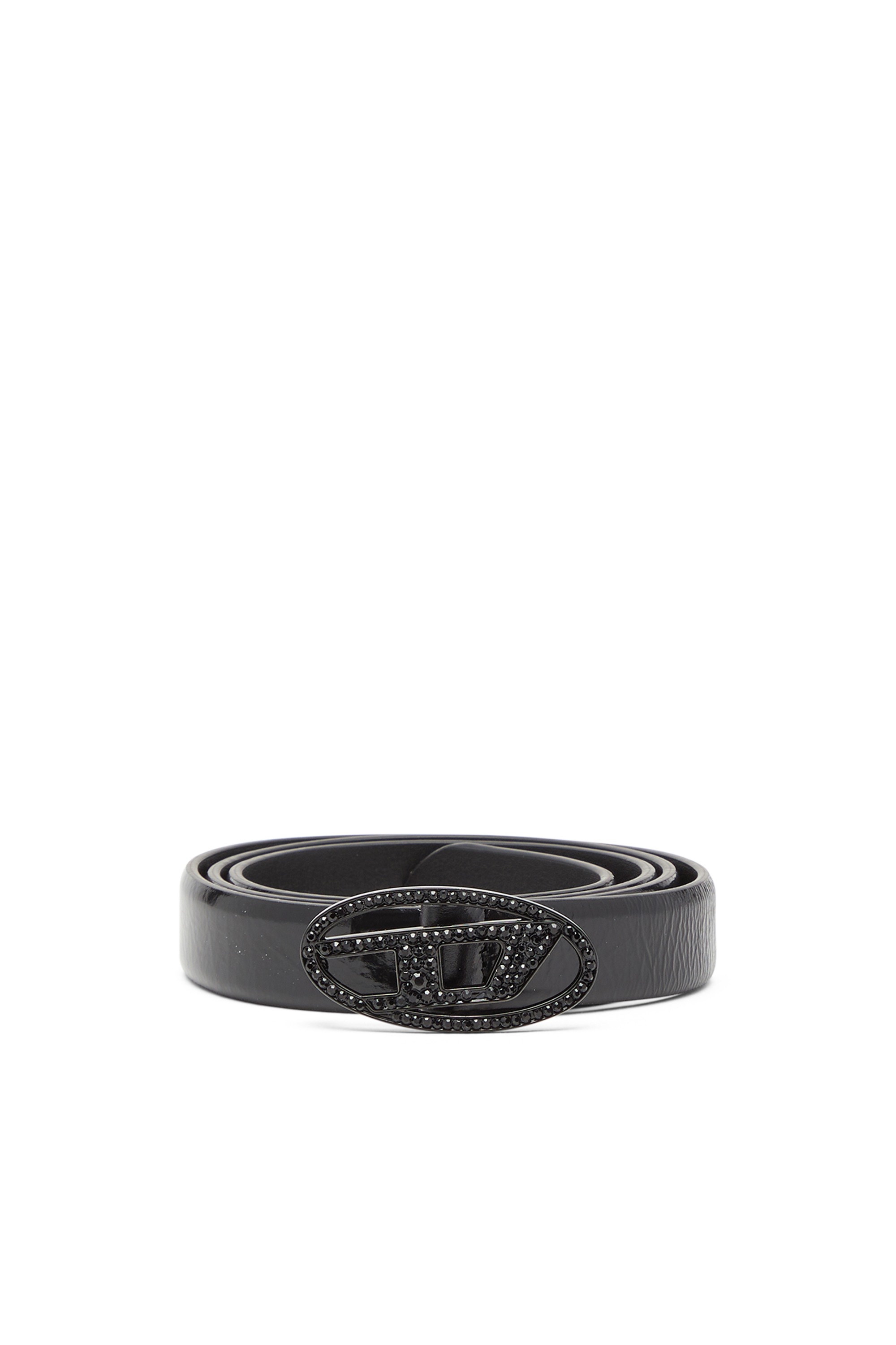 Black 2 cm leather belt with crystal buckle
