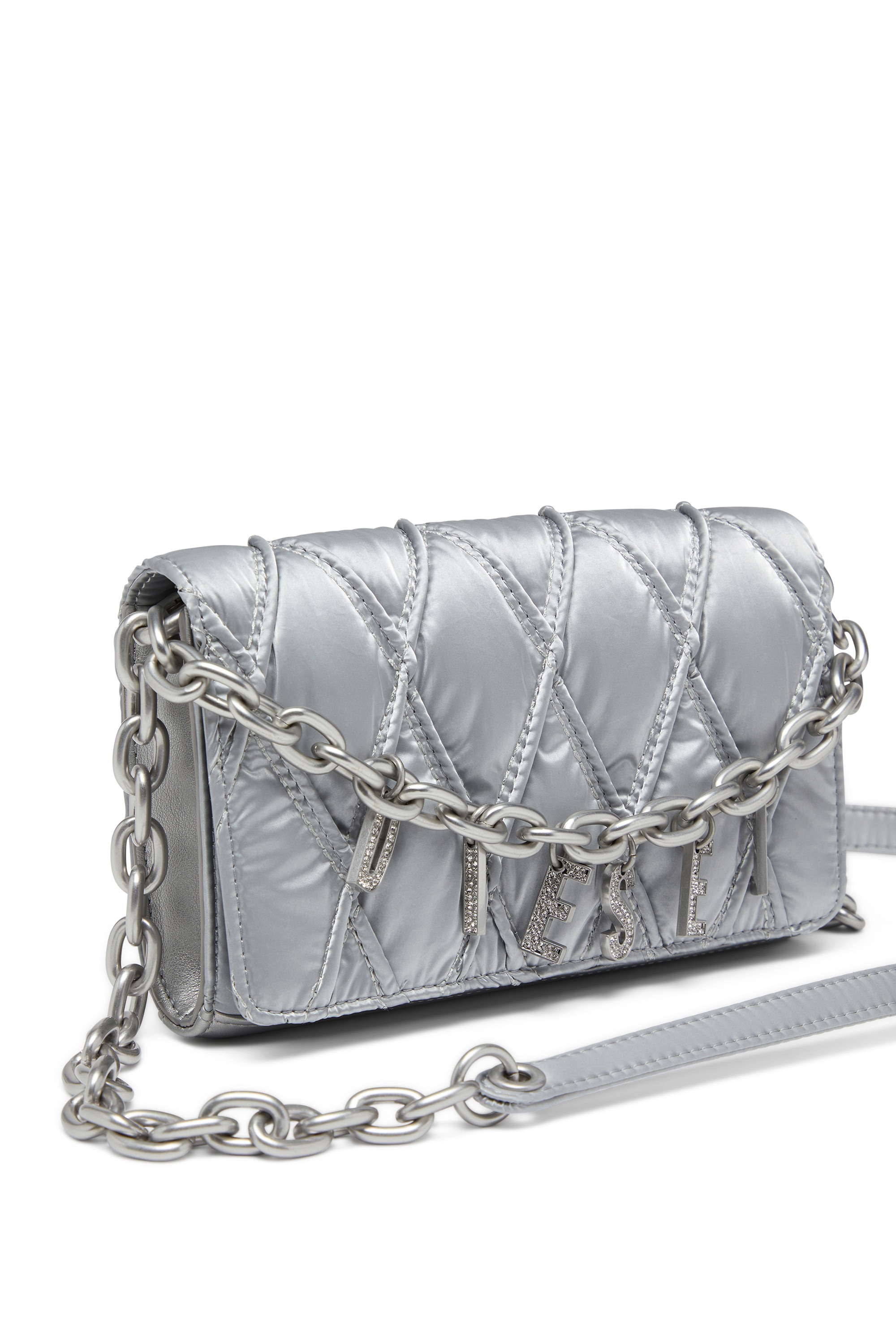 Silver Wallet on chain with quilted satin finish