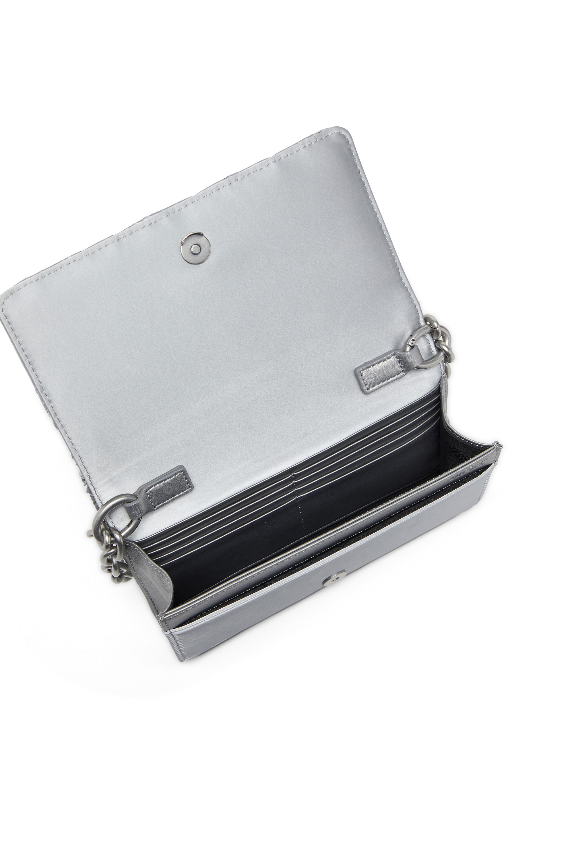 Silver Wallet on chain with quilted satin finish