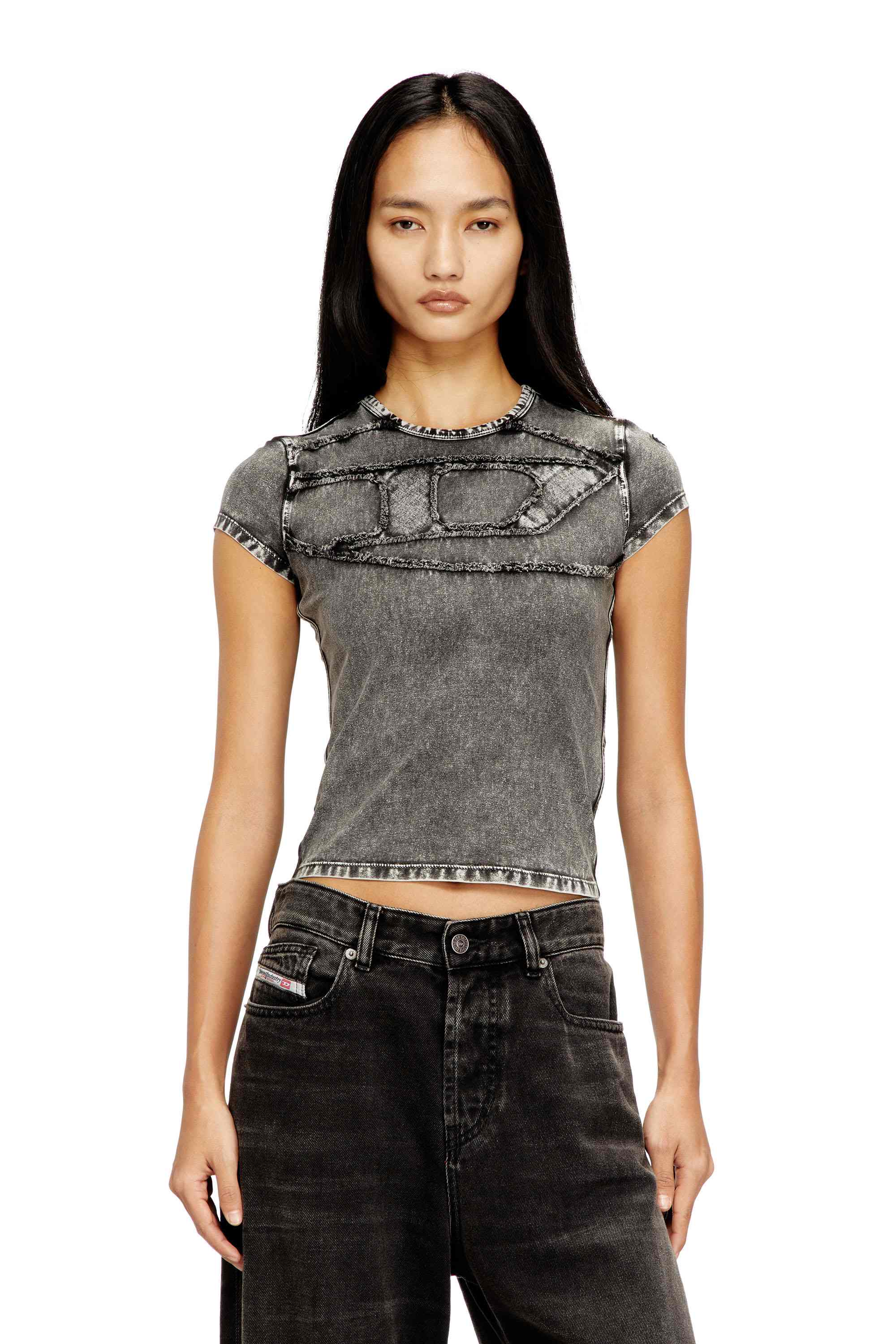 Grey Slim Fit top with denim applications