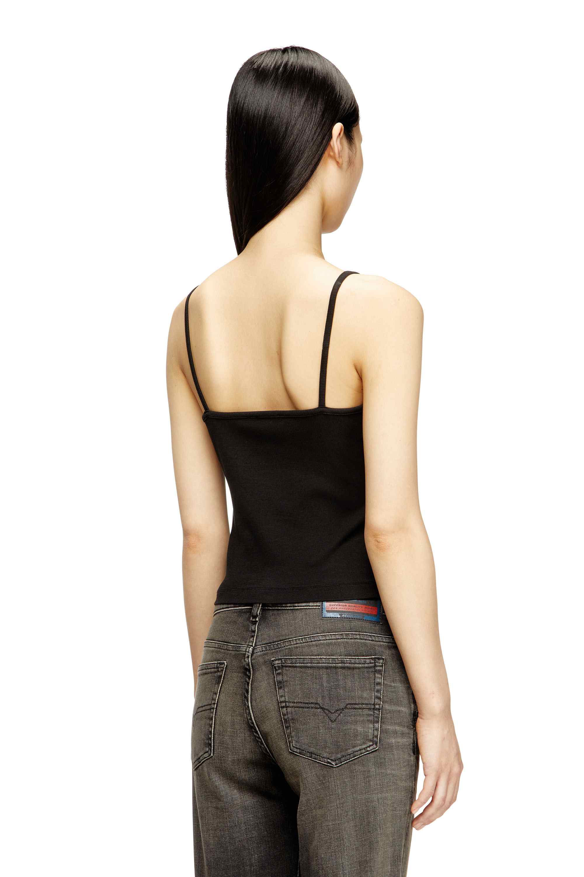 Black Slim Fit Ribbed top with metallic Oval D