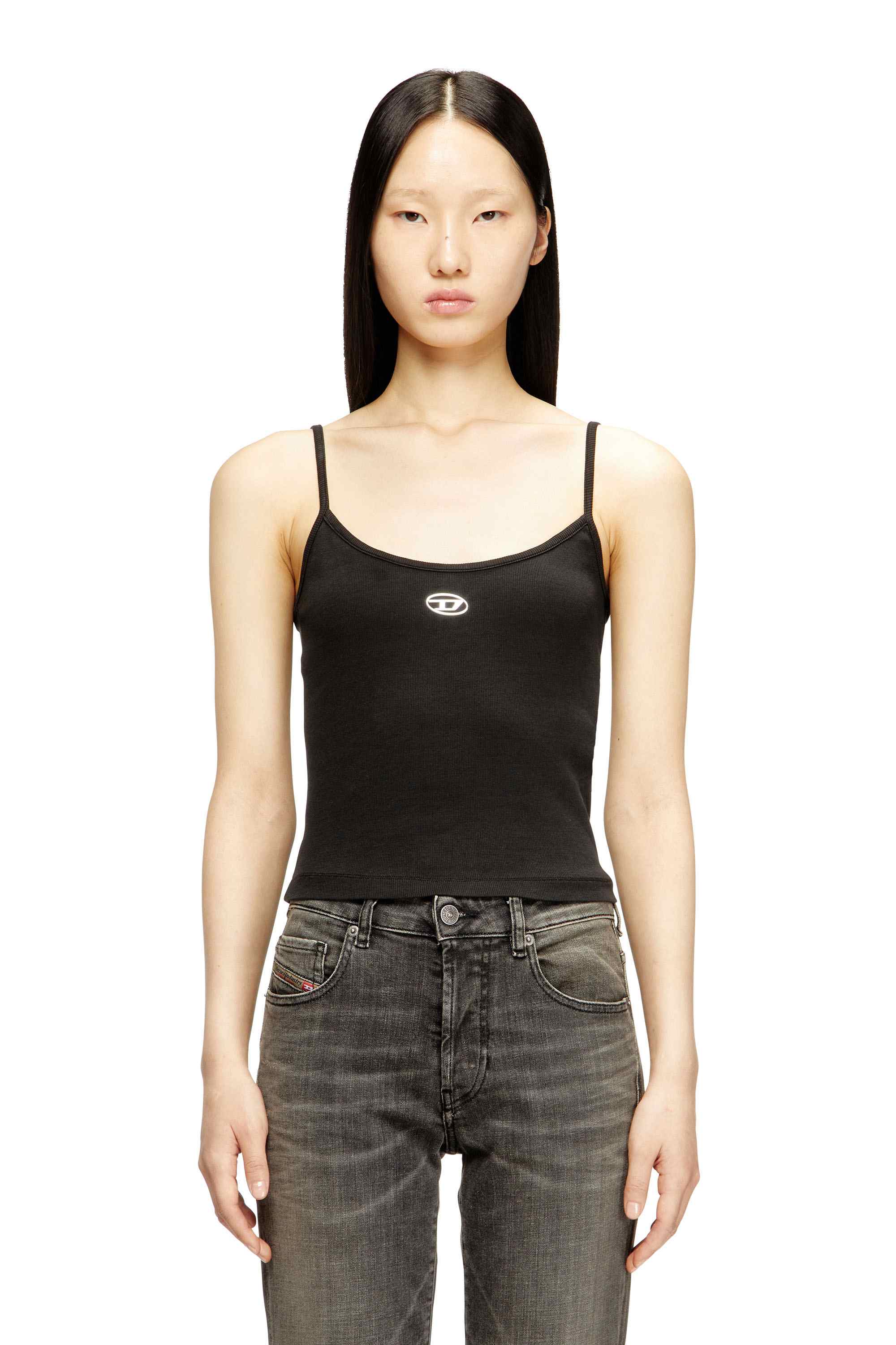 Black Slim Fit Ribbed top with metallic Oval D