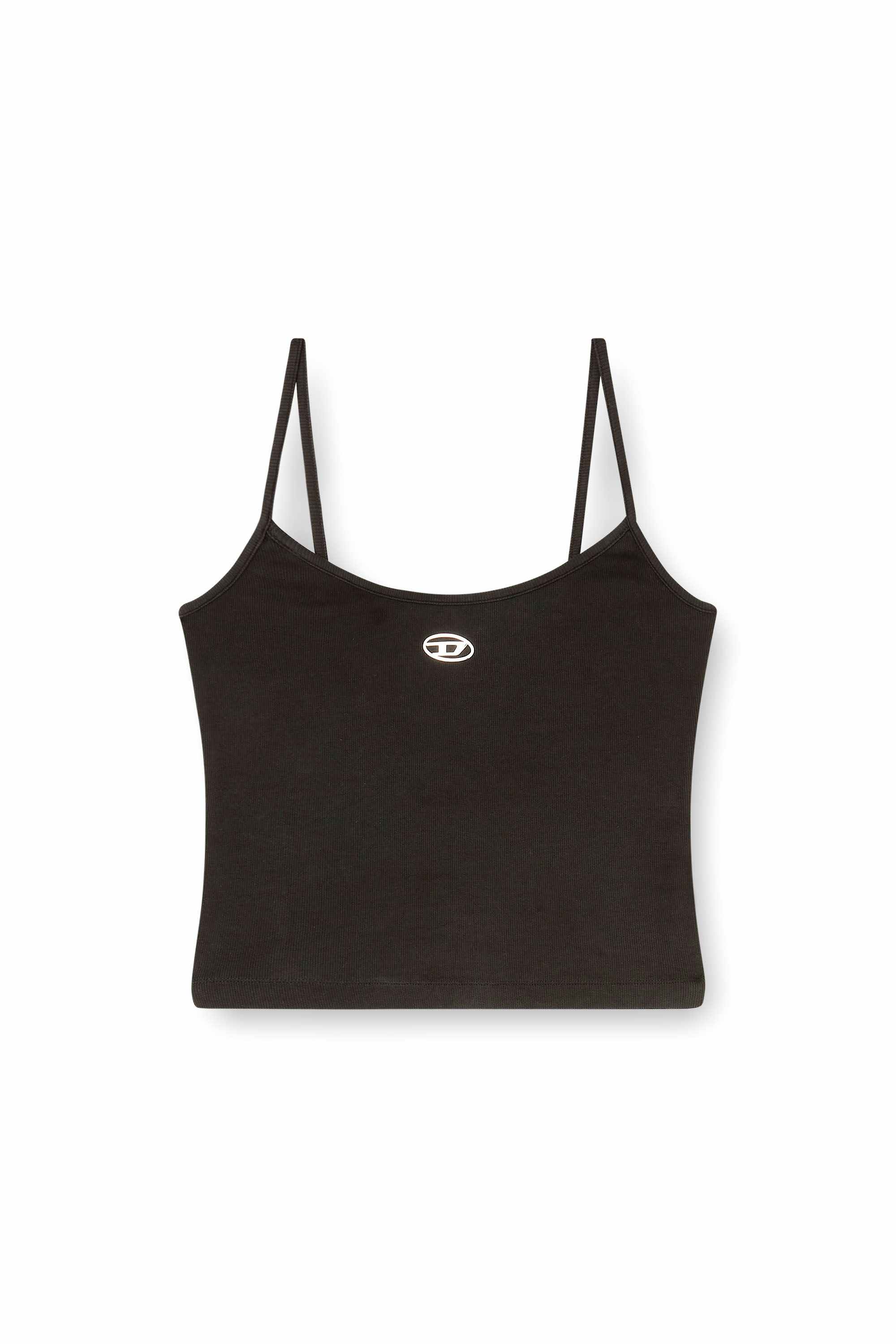Black Slim Fit Ribbed top with metallic Oval D