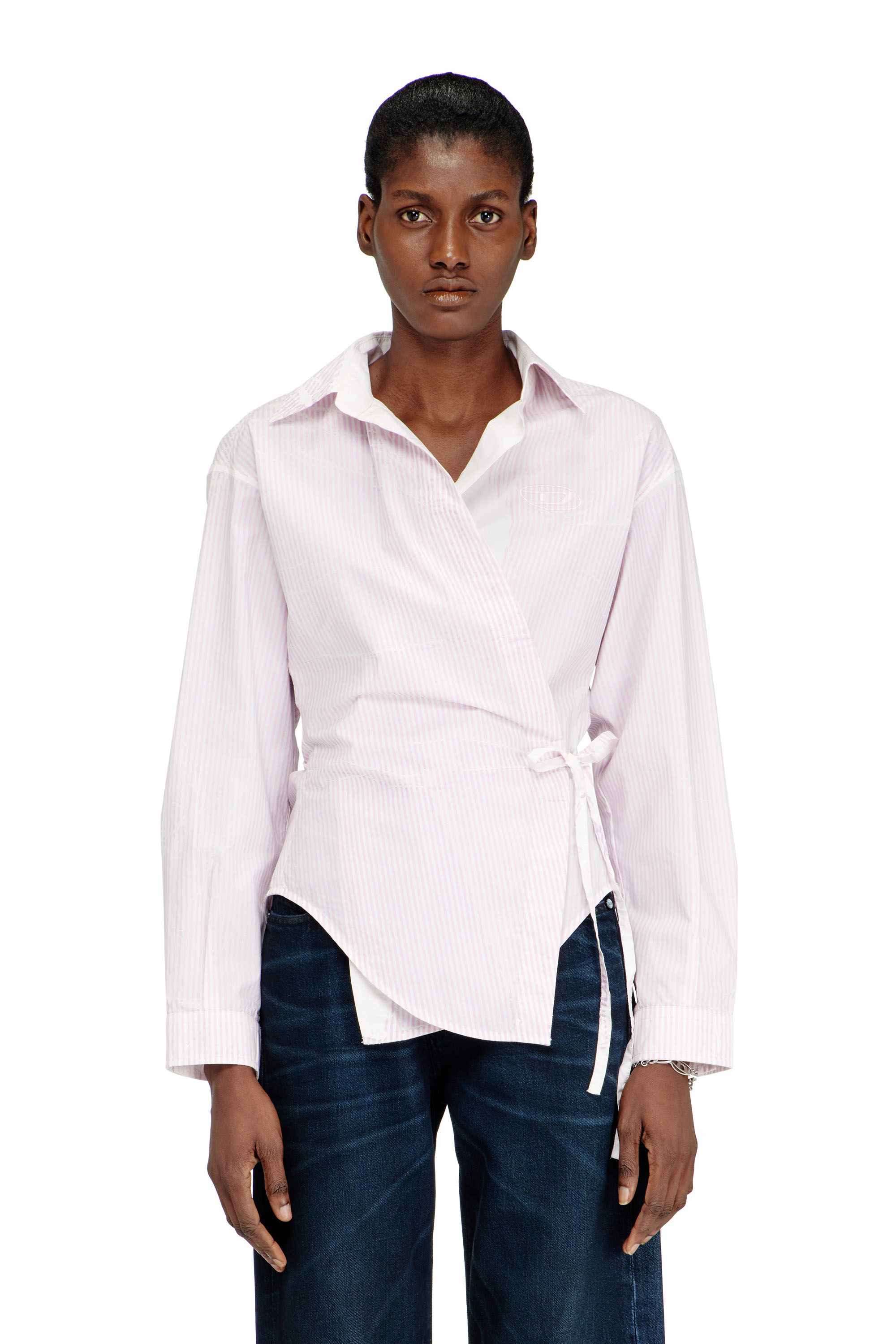 Beige Regular Fit Poplin wrap-around shirt with pinstripes