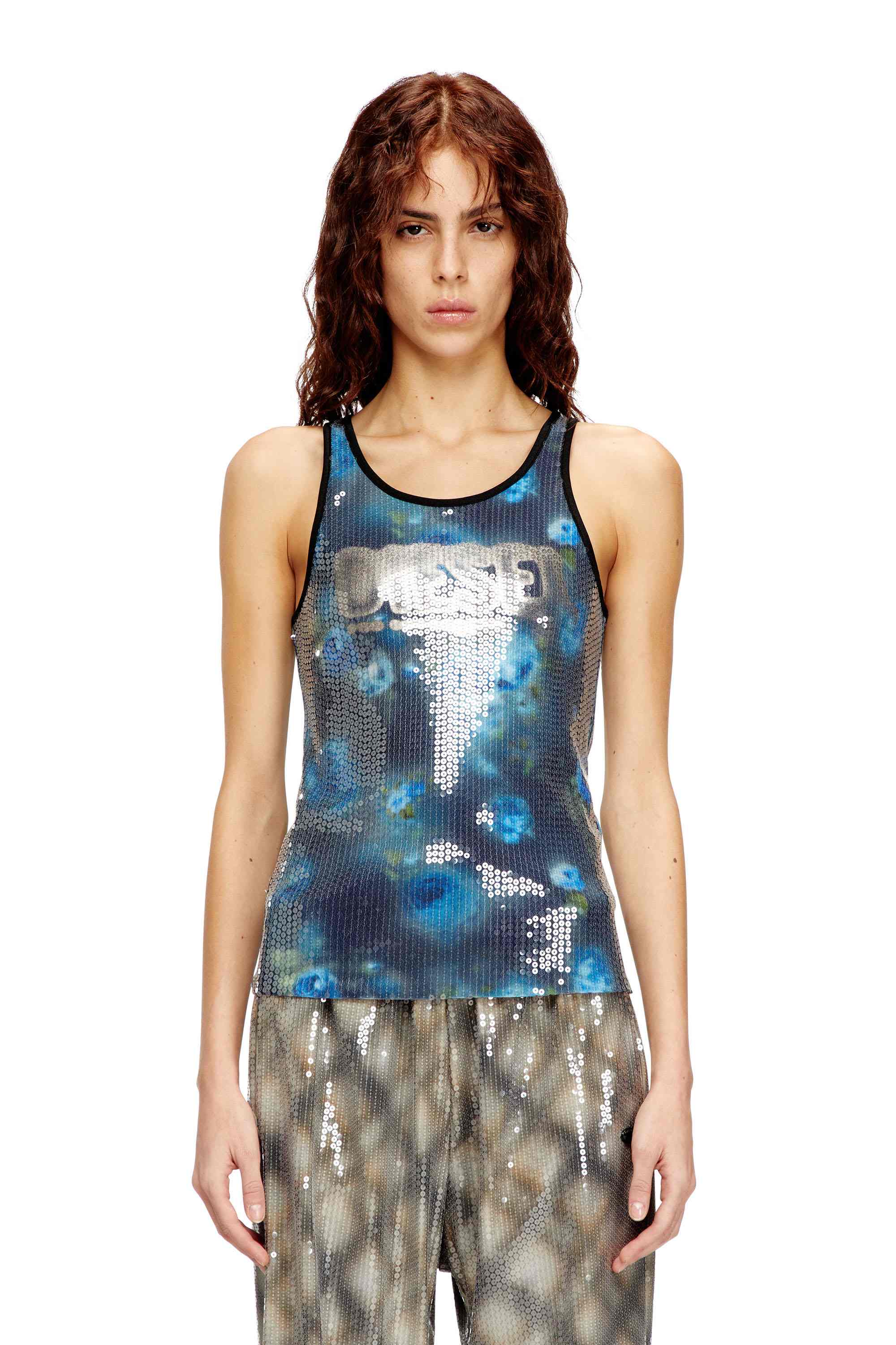 Blue Skinny Fit Floral print jersey top with sequins
