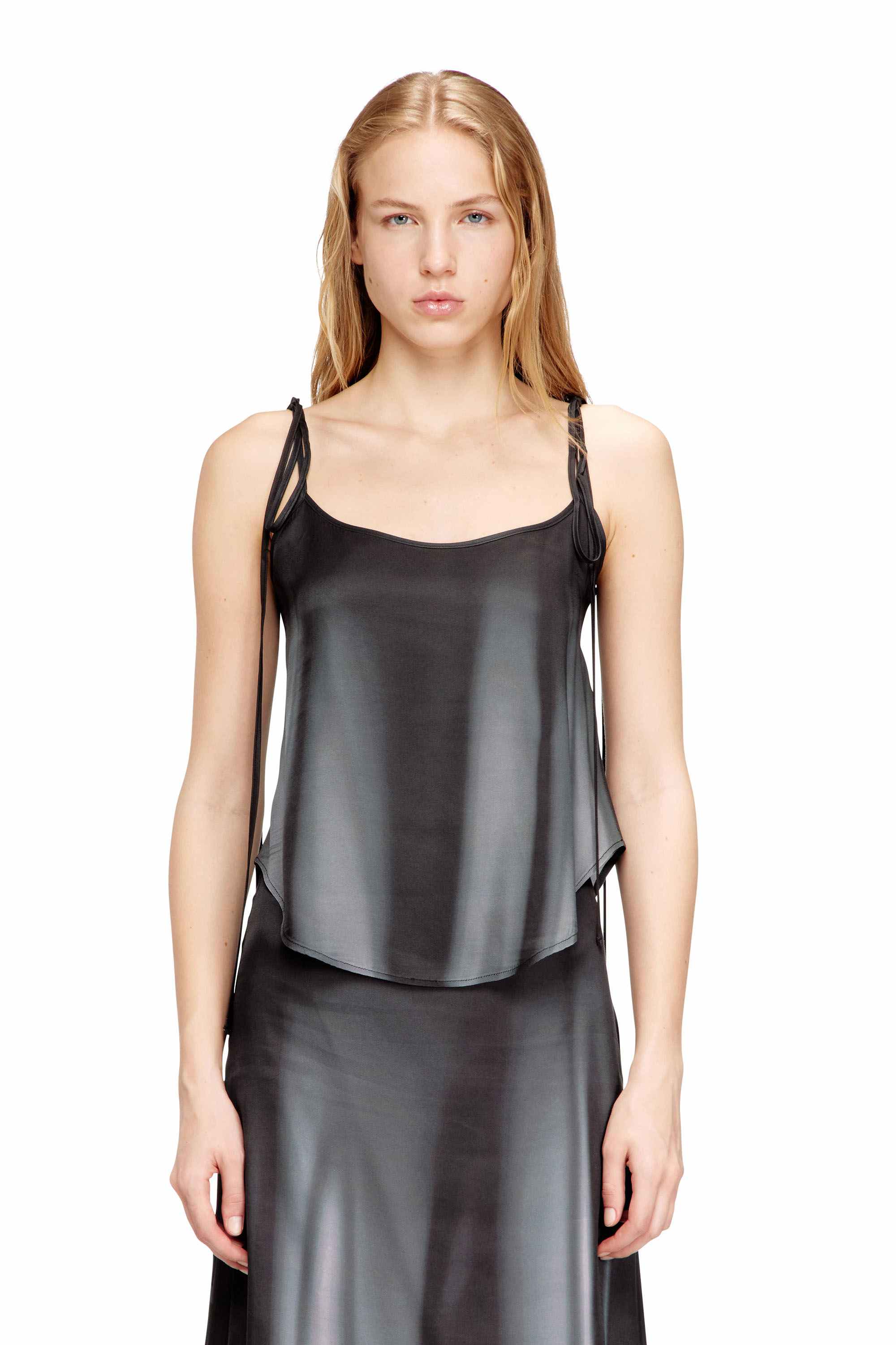 Black Regular Fit Strappy satin top with digital print