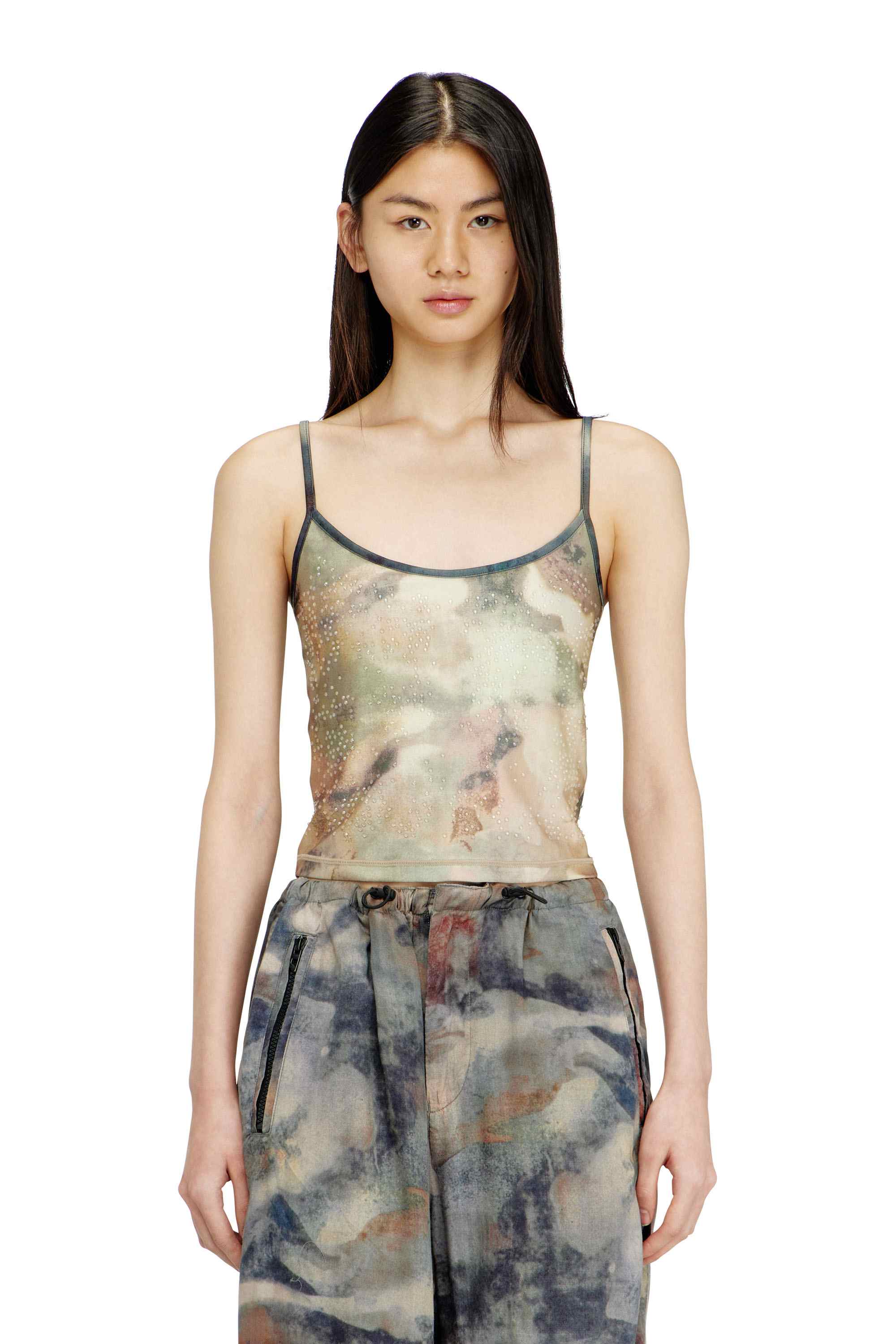 Green Nylon Skinny Fit Top With All-Over Camou And Crystal Details