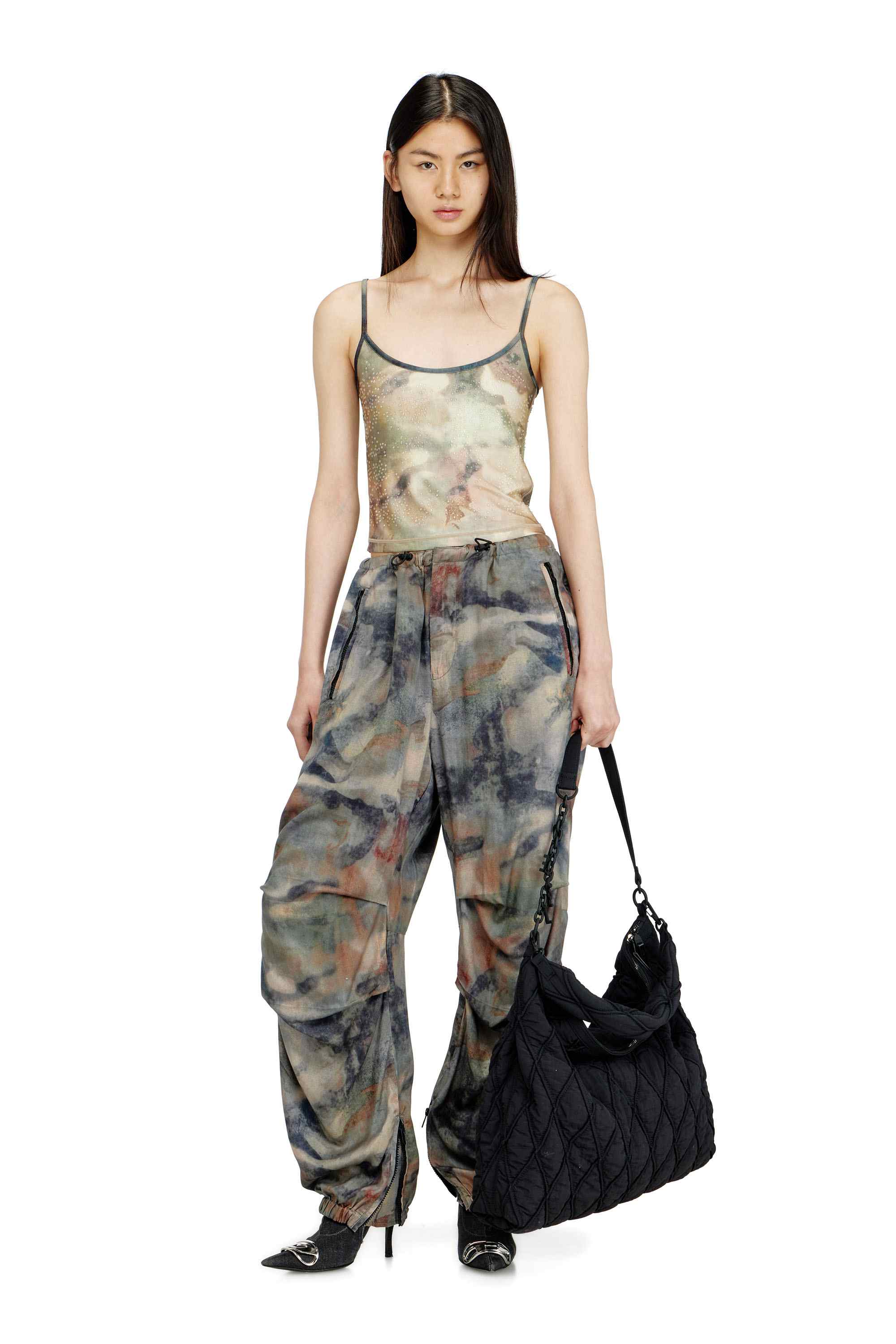 Green Nylon Skinny Fit Top With All-Over Camou And Crystal Details