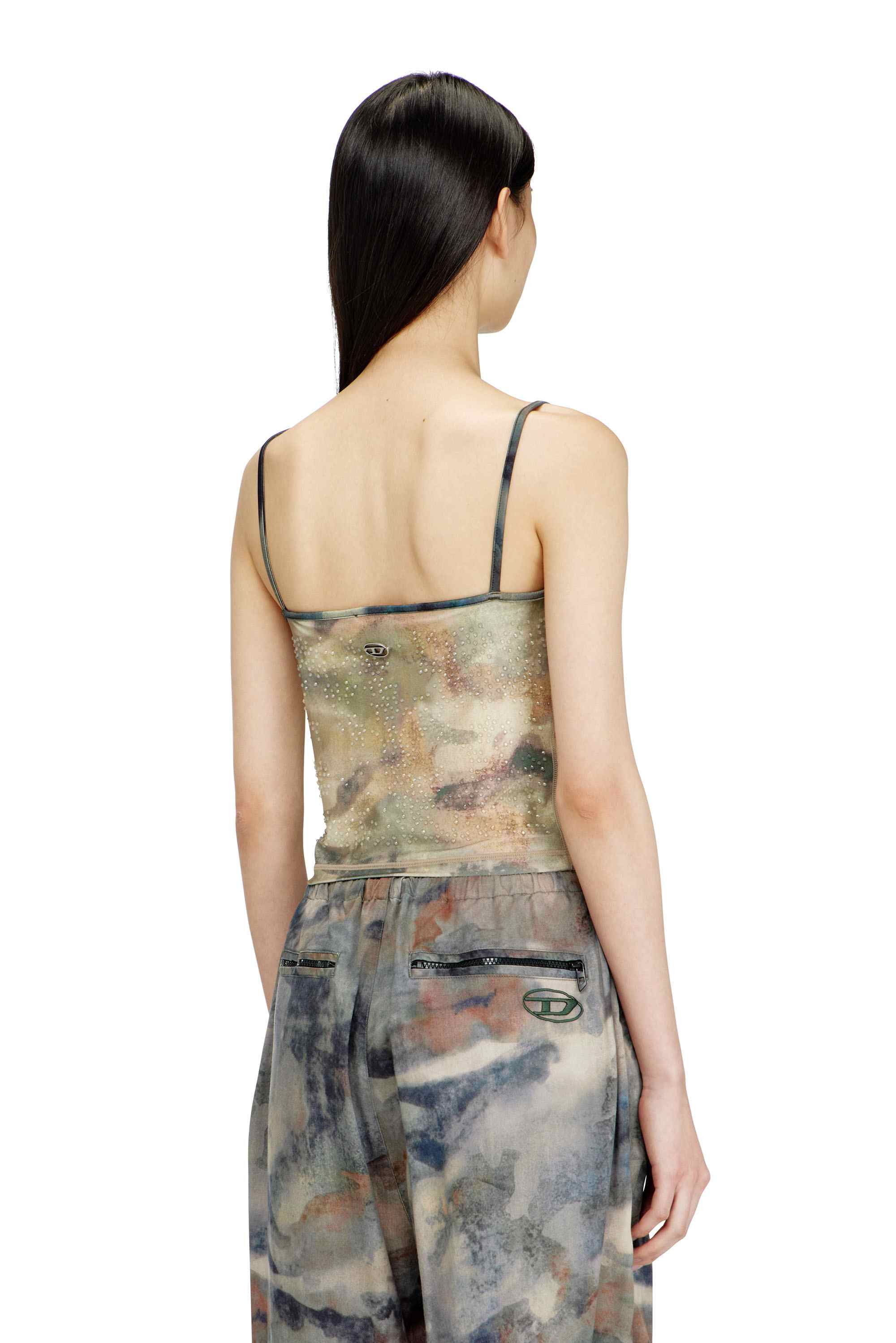 Green Nylon Skinny Fit Top With All-Over Camou And Crystal Details