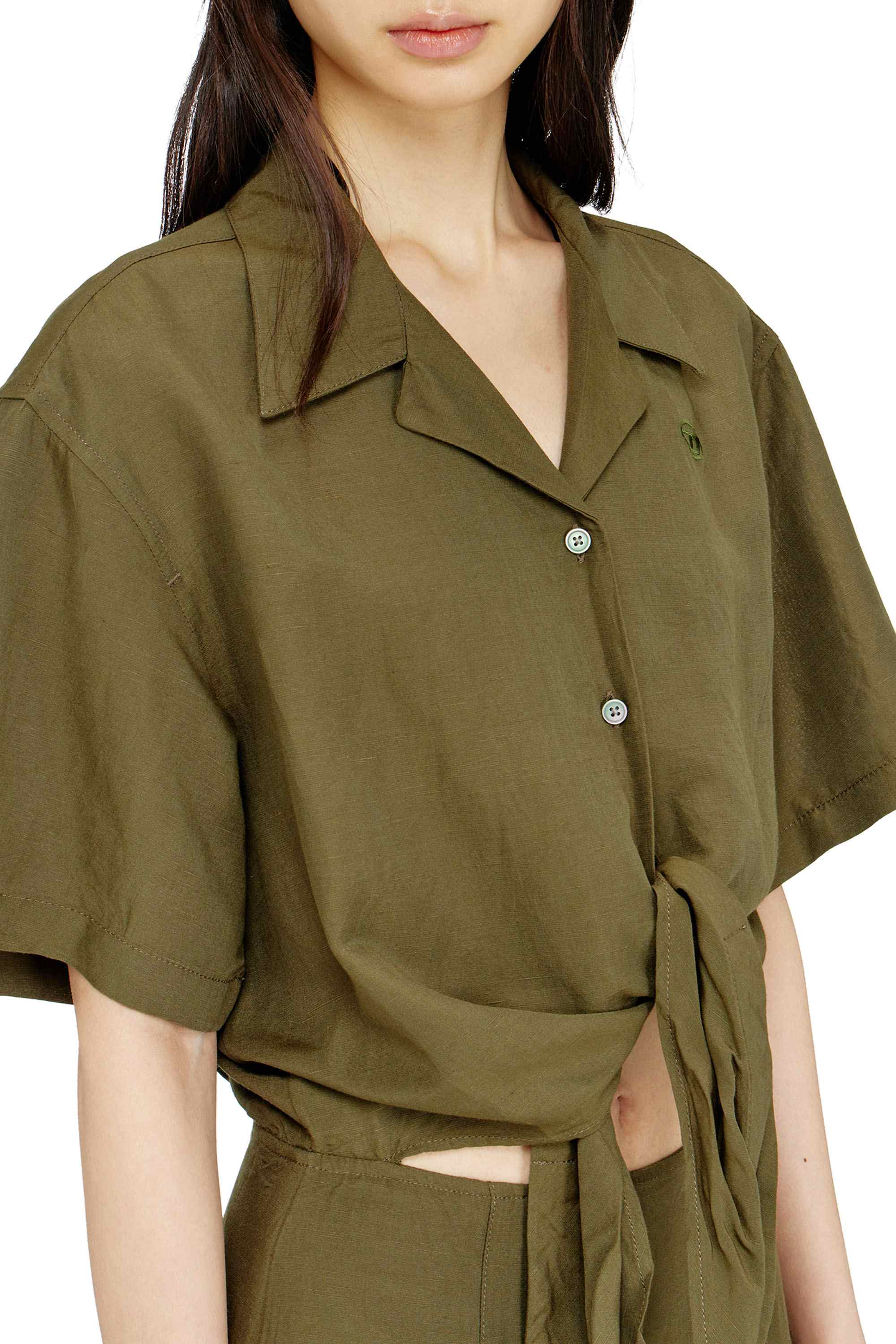 Olive Regular Fit Linen-blend mini dress with waist knot