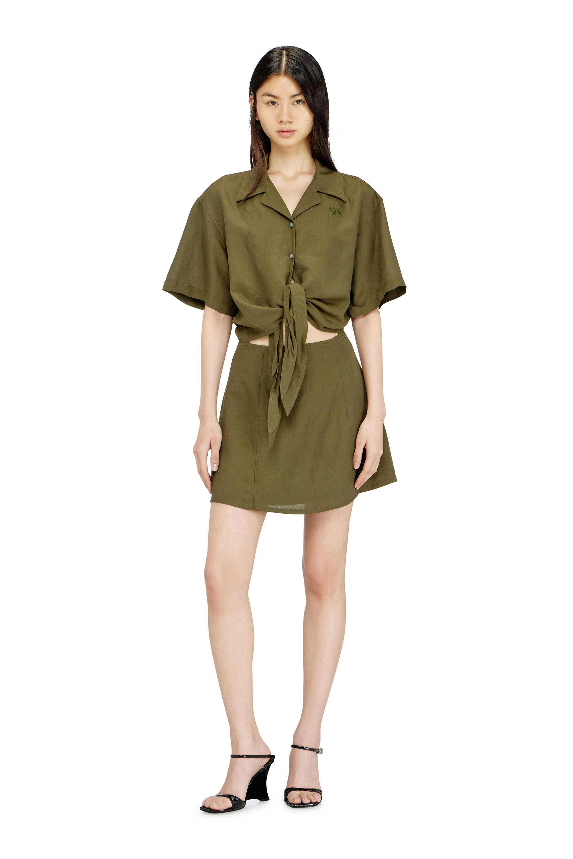 Olive Regular Fit Linen-blend mini dress with waist knot