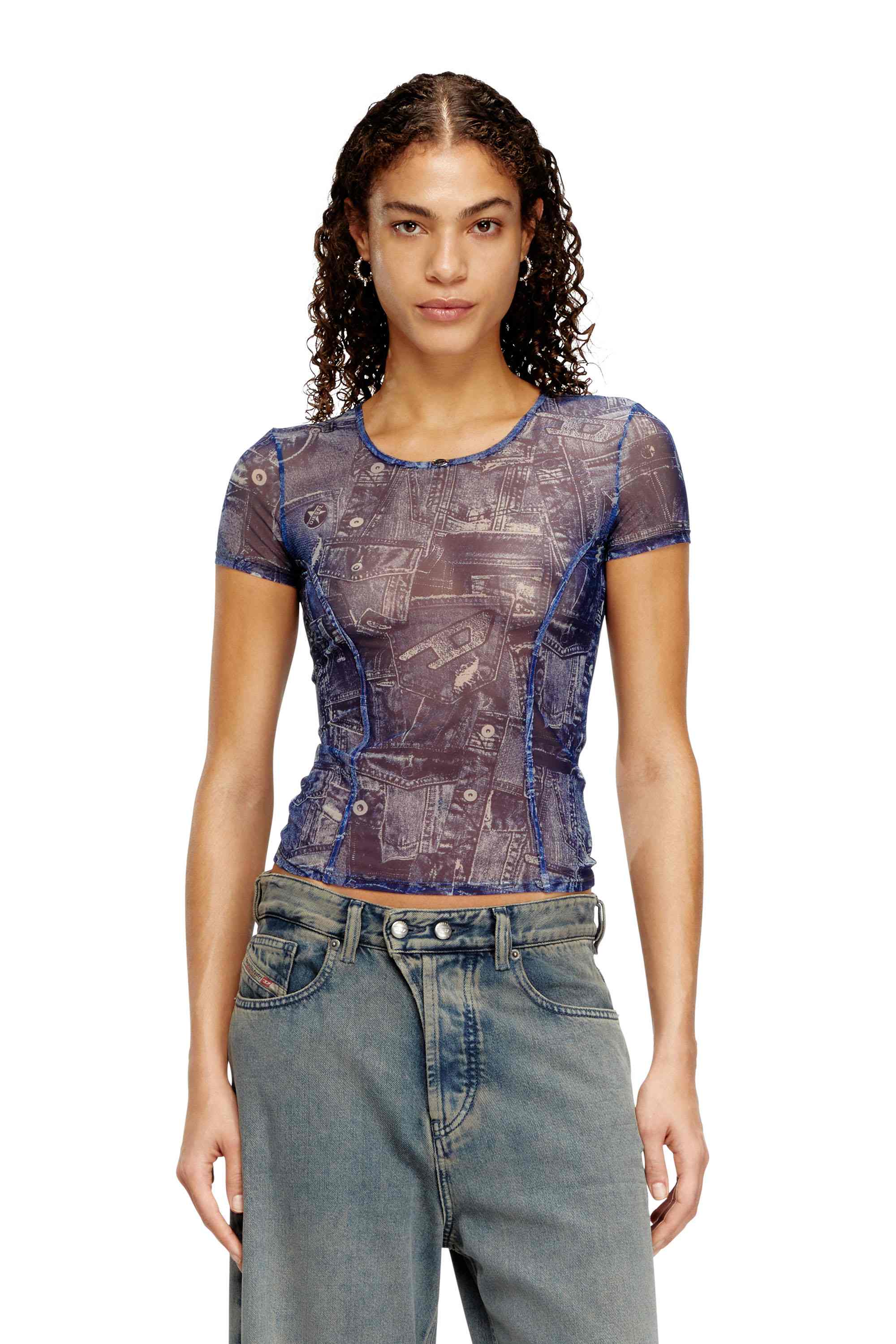 Blue Mesh top with all-over denim print