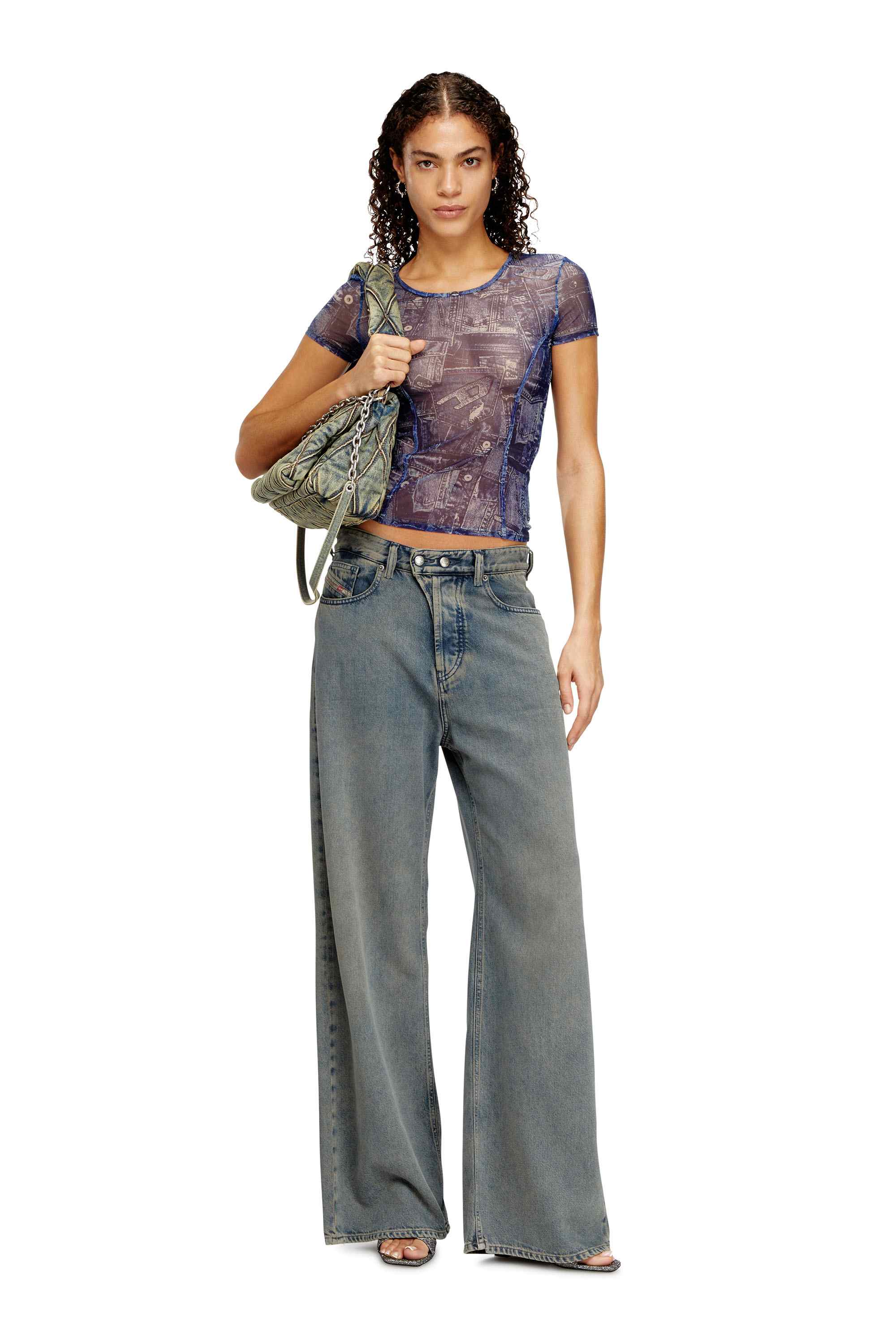 Blue Mesh top with all-over denim print